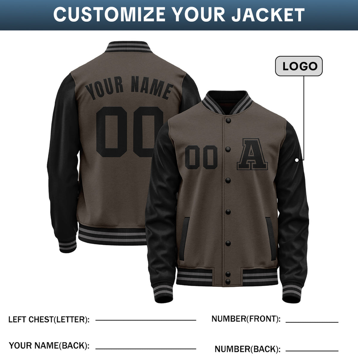 Custom Varsity Jacket with Stitched Name & Number | Brown & Black Personalized Team Letterman Bomber