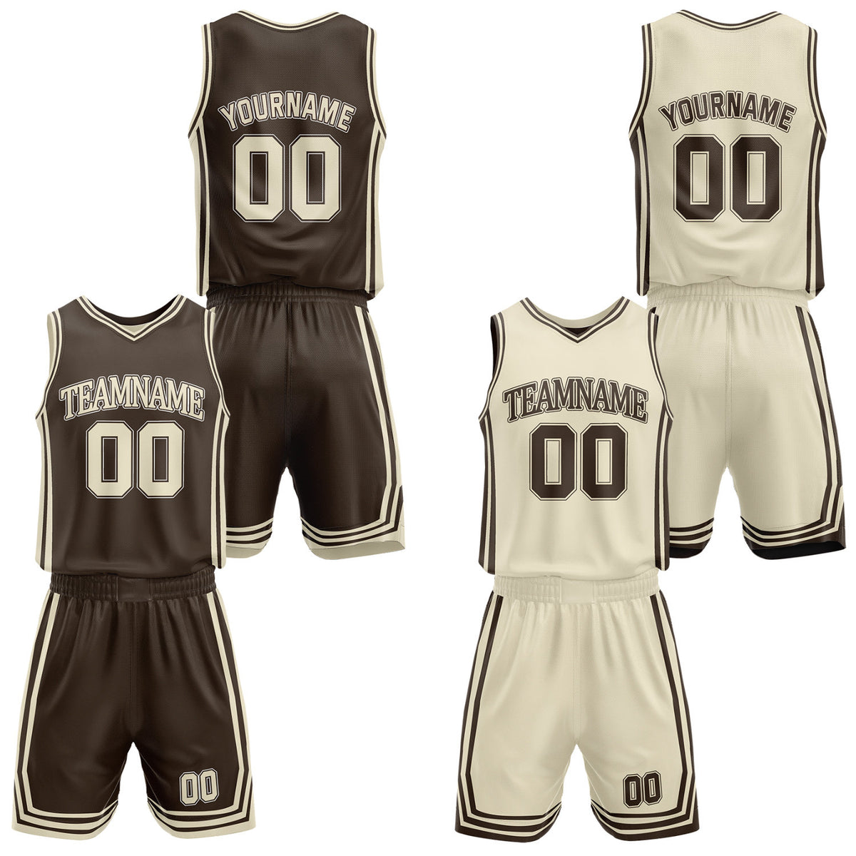 Custom brown &amp; cream reversible basketball jersey shorts set by Vosoli | Personalized team name number casual vintage uniform sportswear