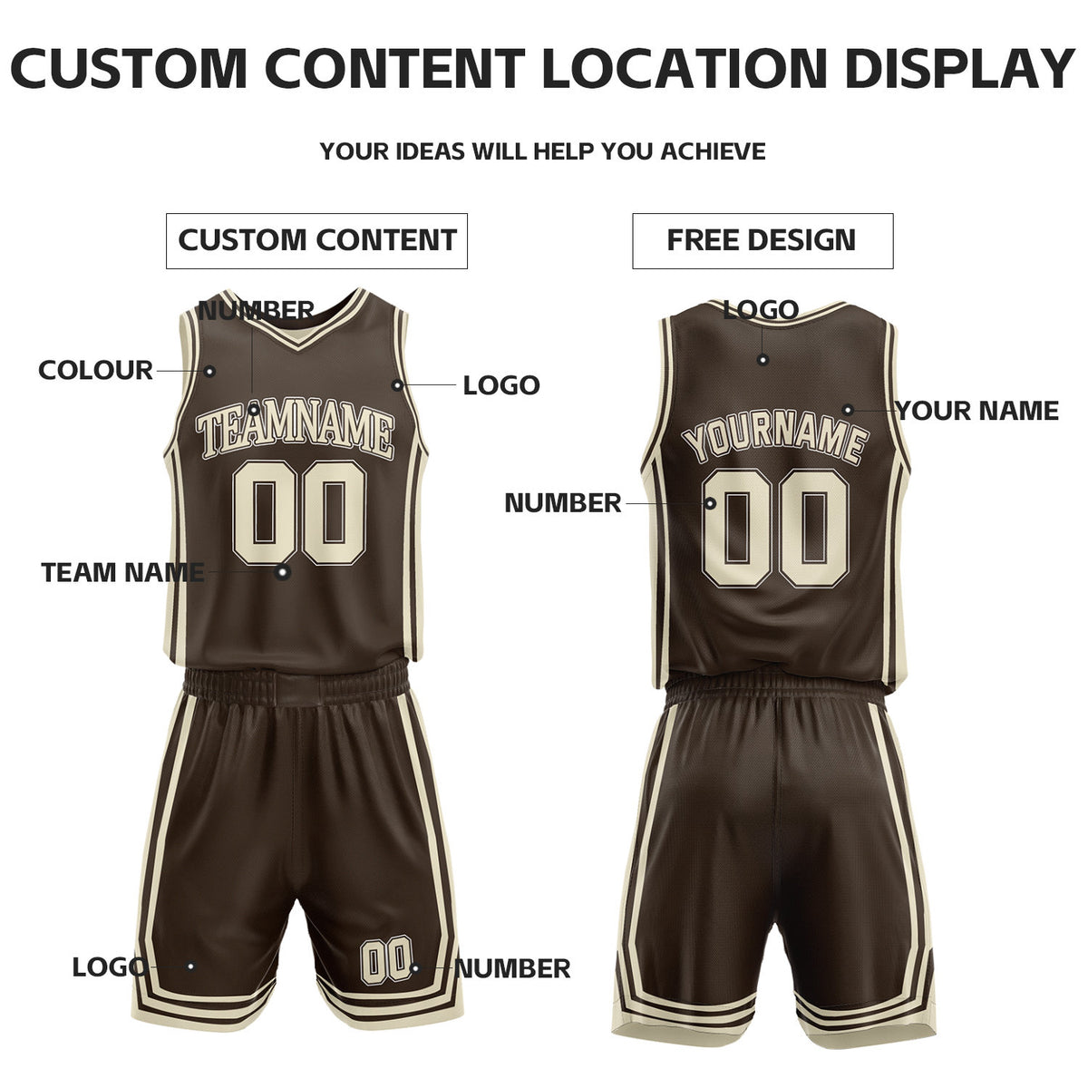Custom Brown & Cream Reversible Basketball Jersey Shorts Set | Personalized Full Vintage Team Uniform