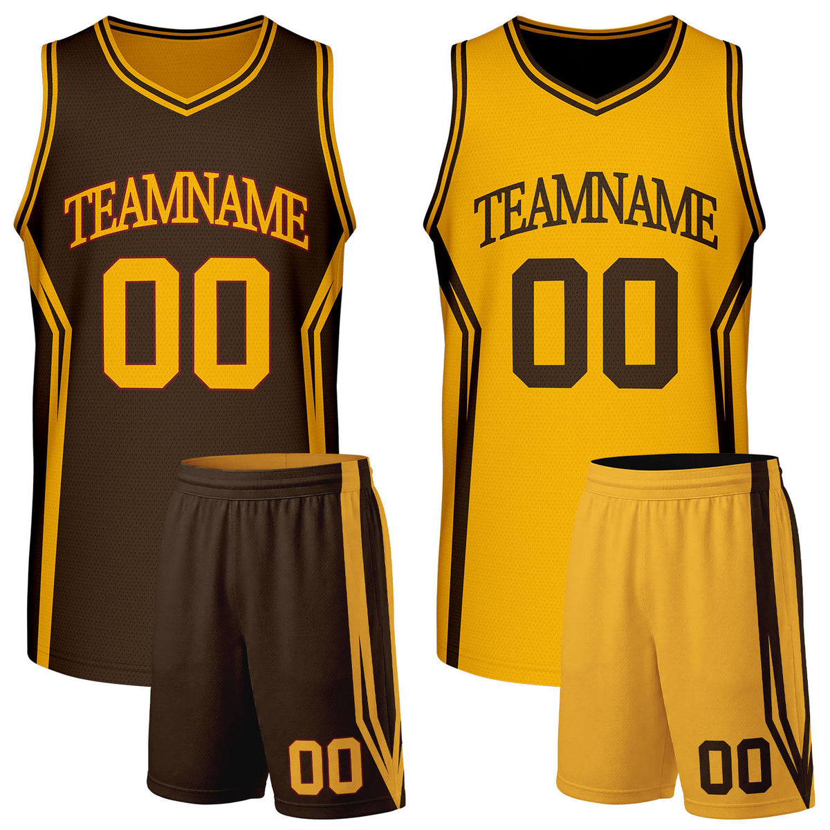 Custom brown and gold basketball team uniforms, reversible jersey and shorts set with personalized name & number, breathable mesh for adult & youth.