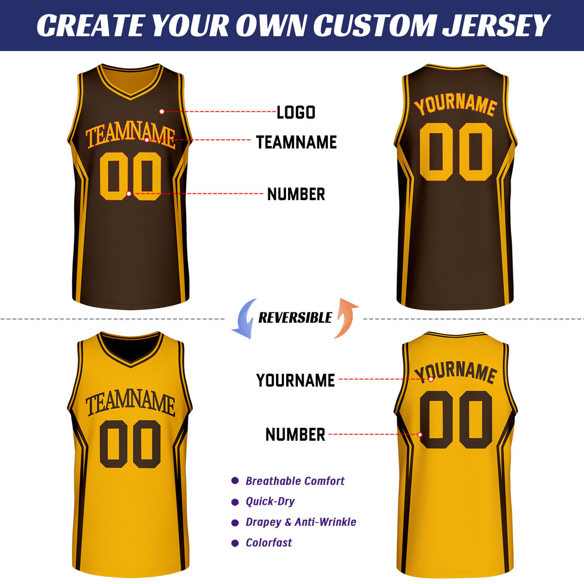 Custom Brown & Gold Two Sided Basketball Uniform Set | Personalized Team Uniforms for Adult & Youth