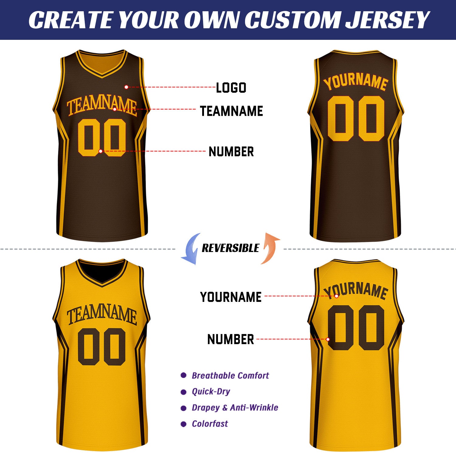 Custom Brown & Gold Two Sided Basketball Uniform Set | Personalized Team Uniforms for Adult & Youth