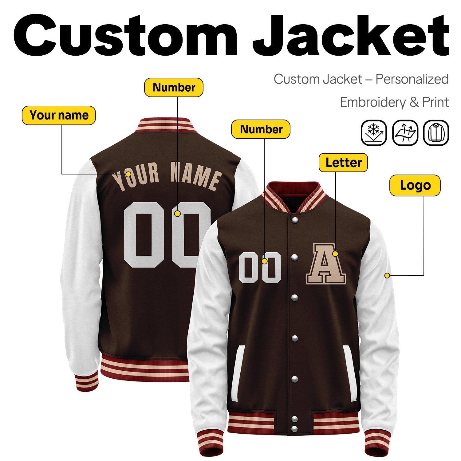 Custom Varsity Jacket with Stitched Name & Number | Brown & White Personalized Team Letterman Bomber