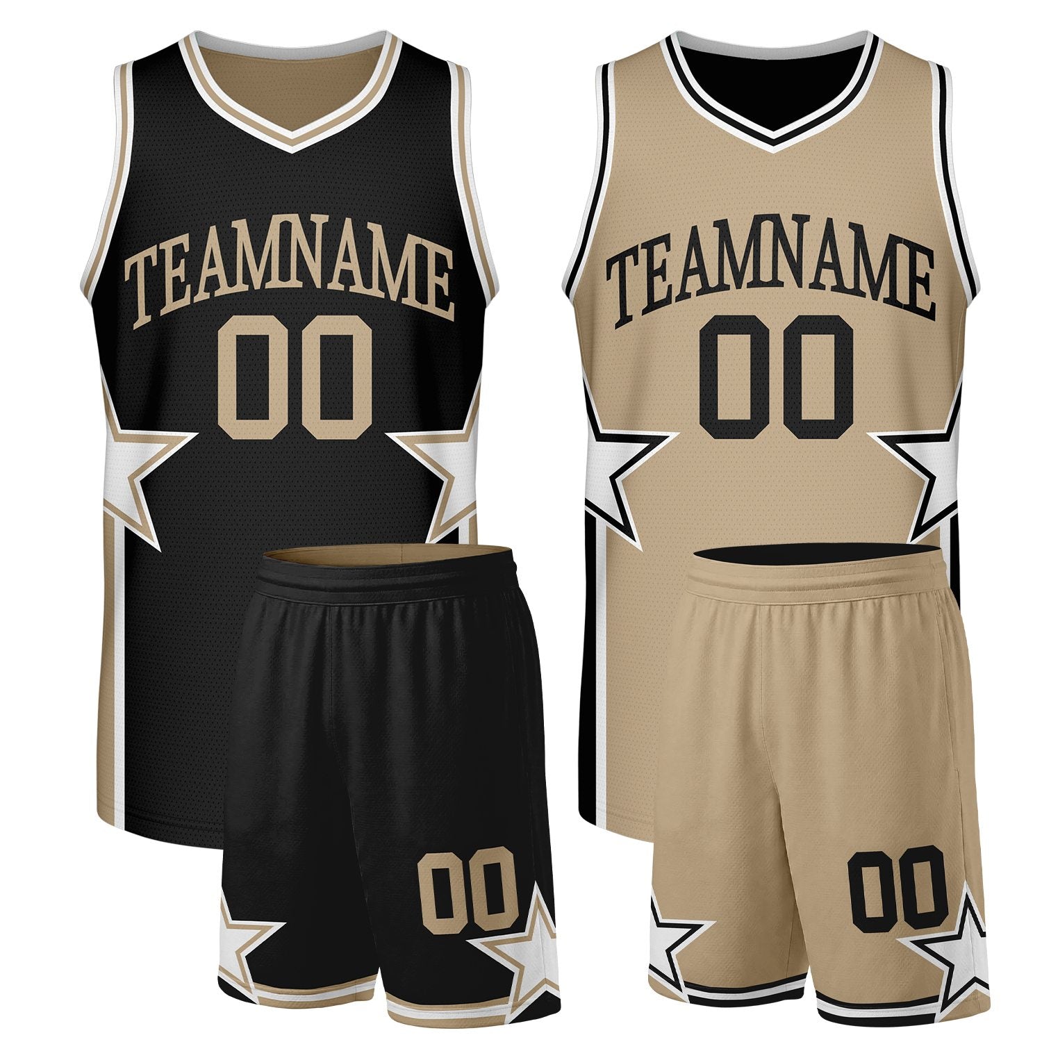 Custom bulk basketball uniforms black tan reversible by Vosoli. Personalized team name, player number & logo. Breathable mesh. Fast delivery.