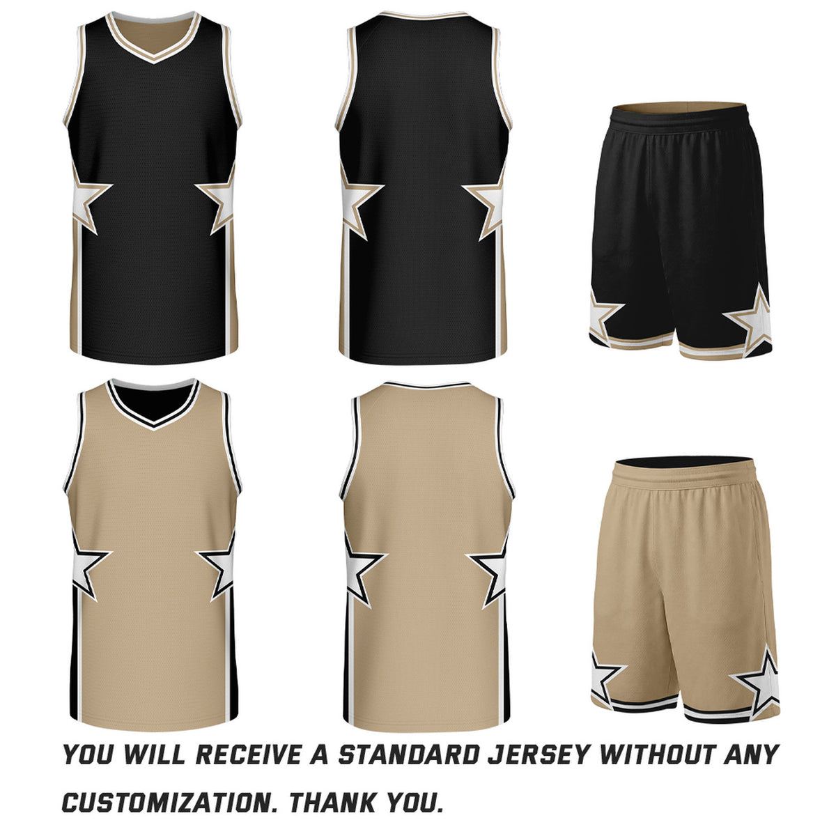Custom Black & Tan Star Reversible Basketball Uniform Set | Breathable Mesh Jersey & Shorts