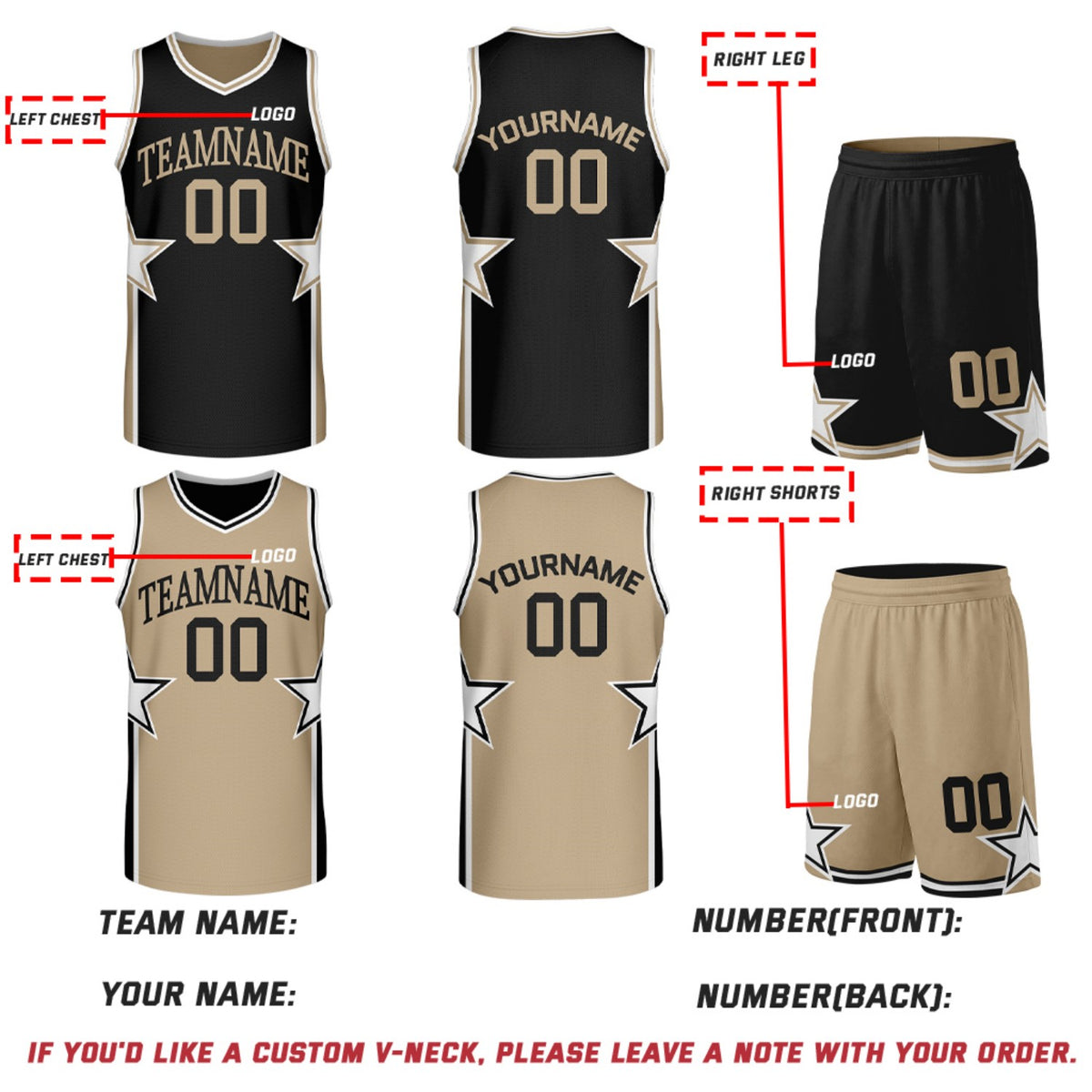 Custom Black & Tan Star Reversible Basketball Uniform Set | Breathable Mesh Jersey & Shorts
