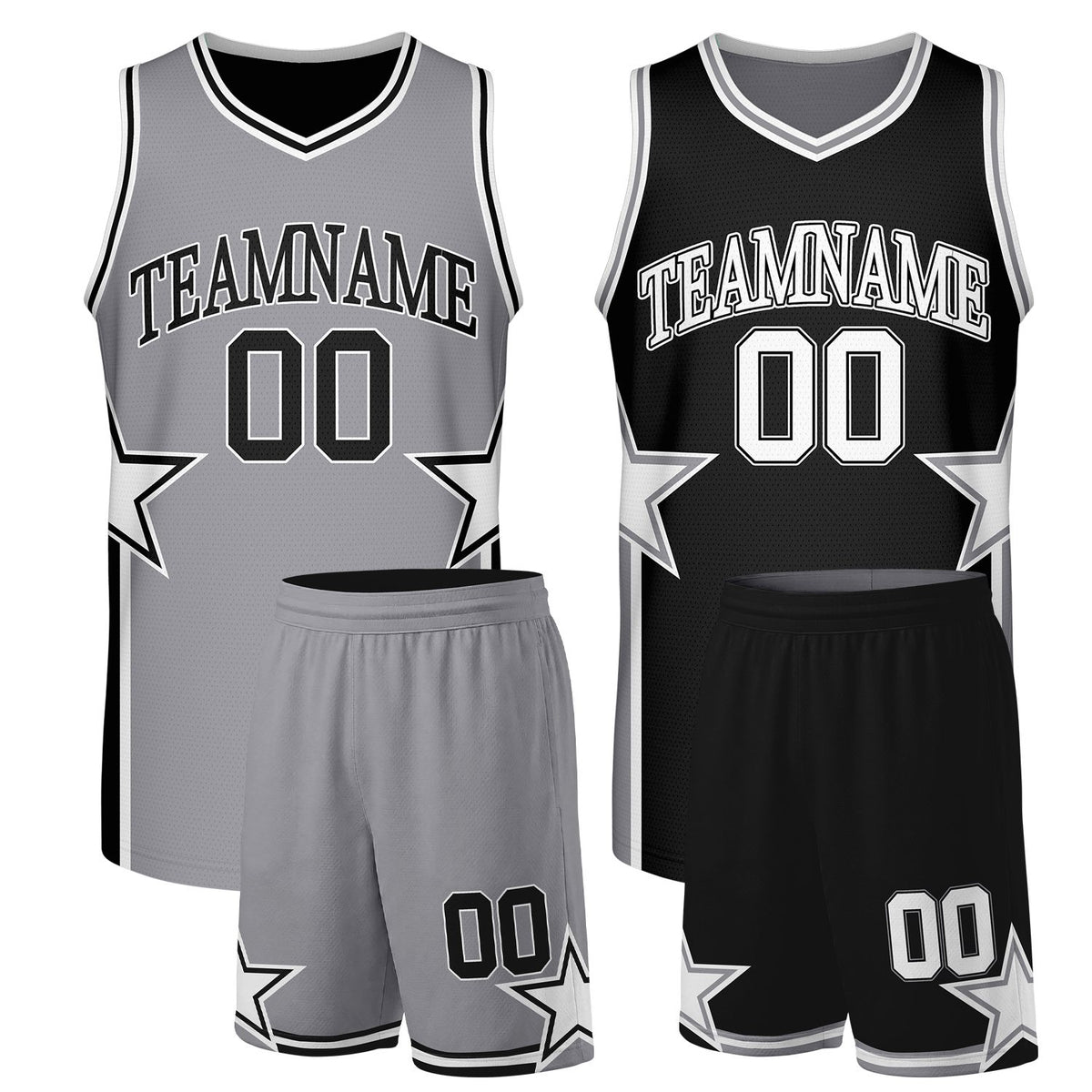 Custom bulk basketball uniforms grey black reversible by Vosoli. Personalized team name, player number & logo. Breathable mesh. Fast delivery.