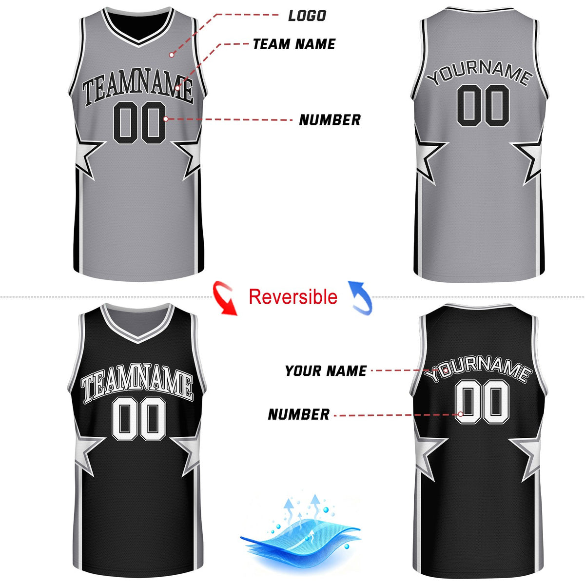 Custom Grey & Black Star Reversible Basketball Uniform Set | Breathable Mesh Jersey & Shorts