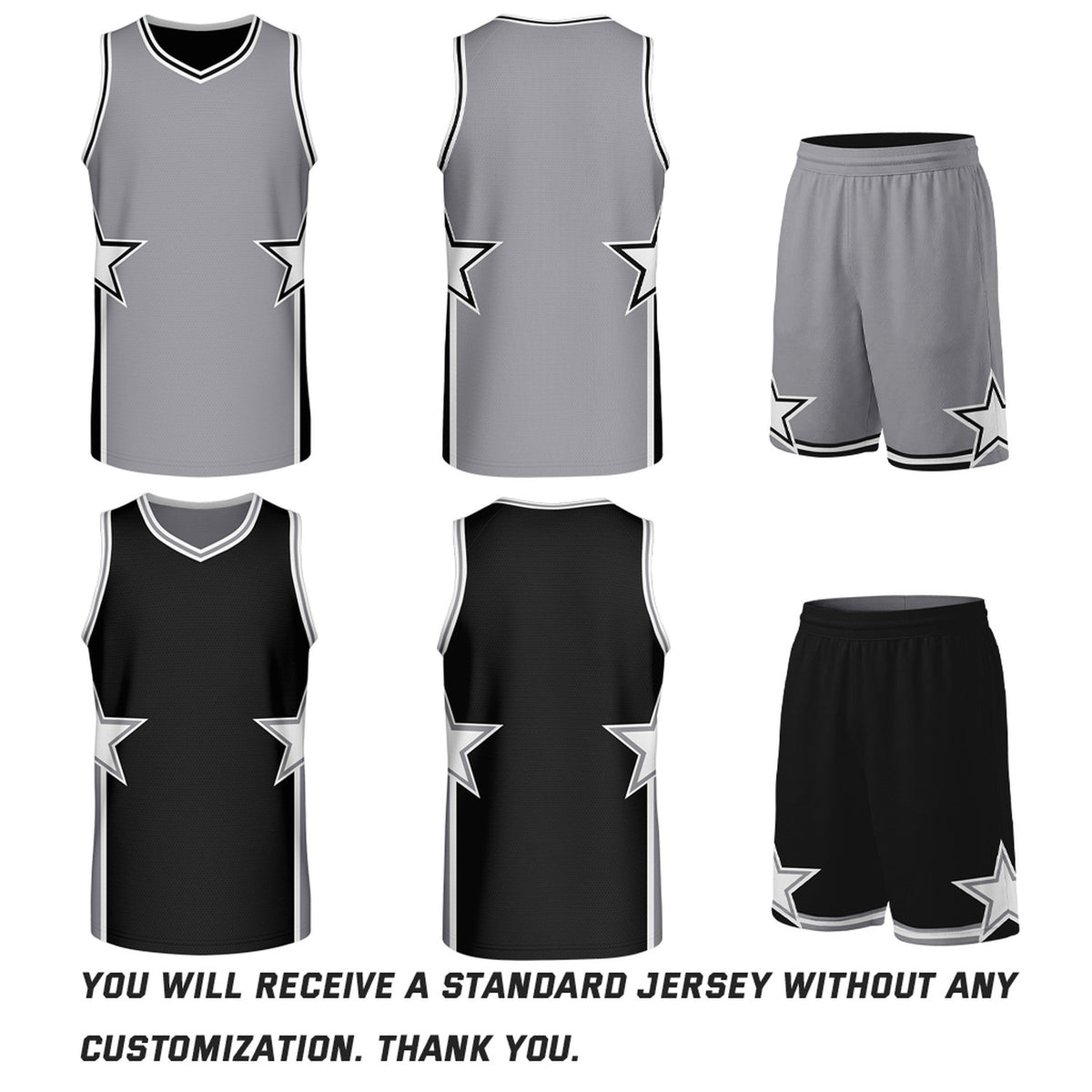 Custom Grey & Black Star Reversible Basketball Uniform Set | Breathable Mesh Jersey & Shorts
