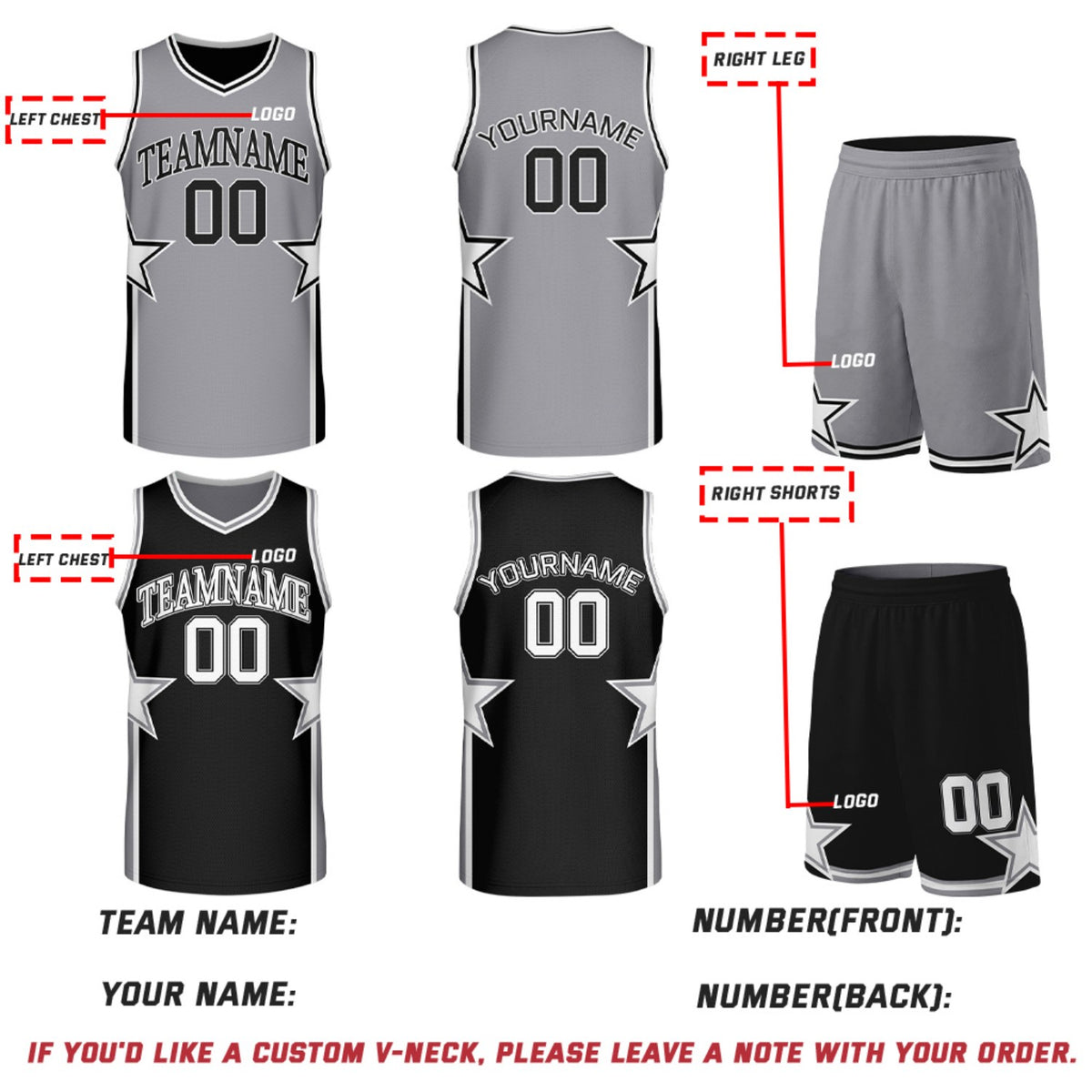 Custom Grey & Black Star Reversible Basketball Uniform Set | Breathable Mesh Jersey & Shorts