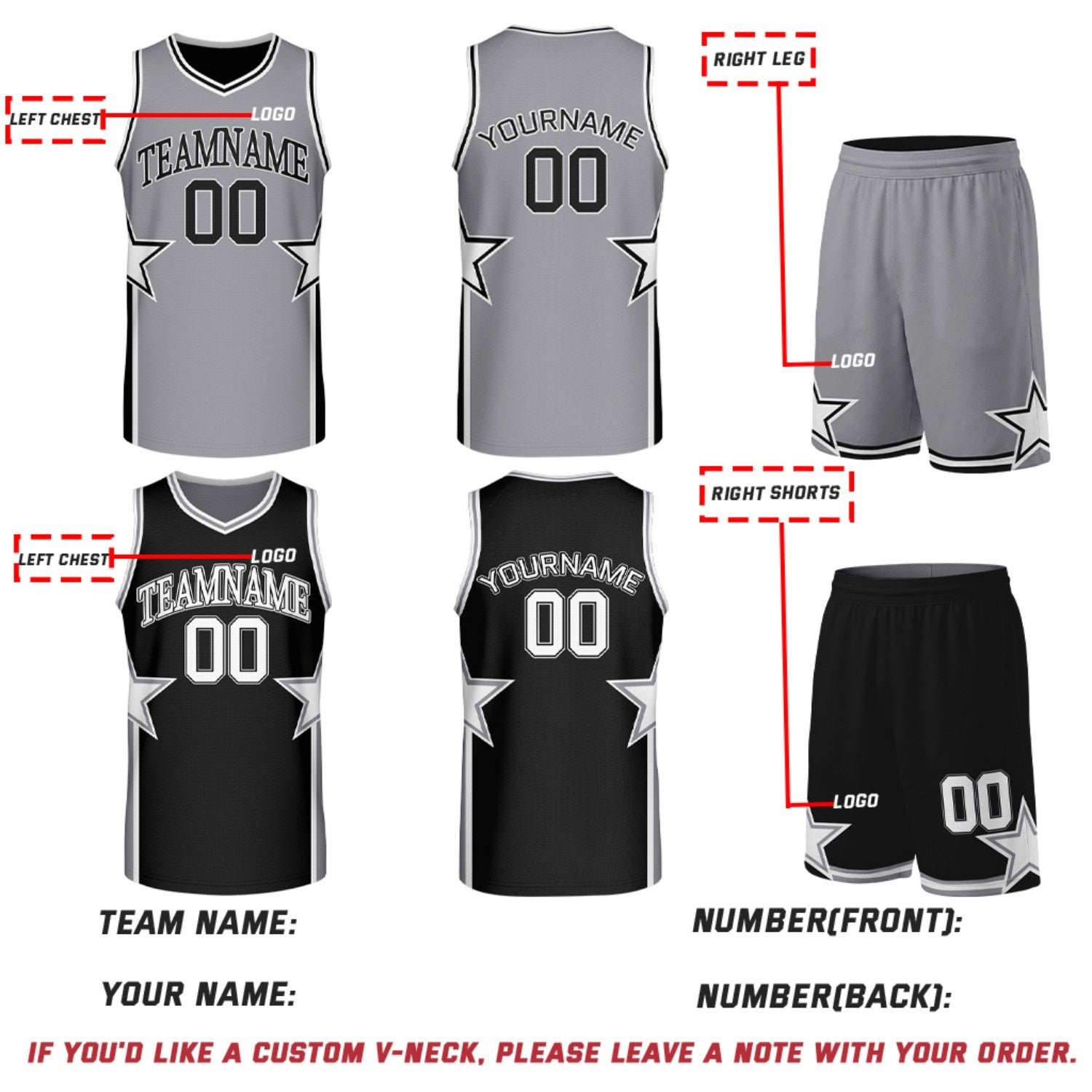Custom Grey & Black Star Reversible Basketball Uniform Set | Breathable Mesh Jersey & Shorts