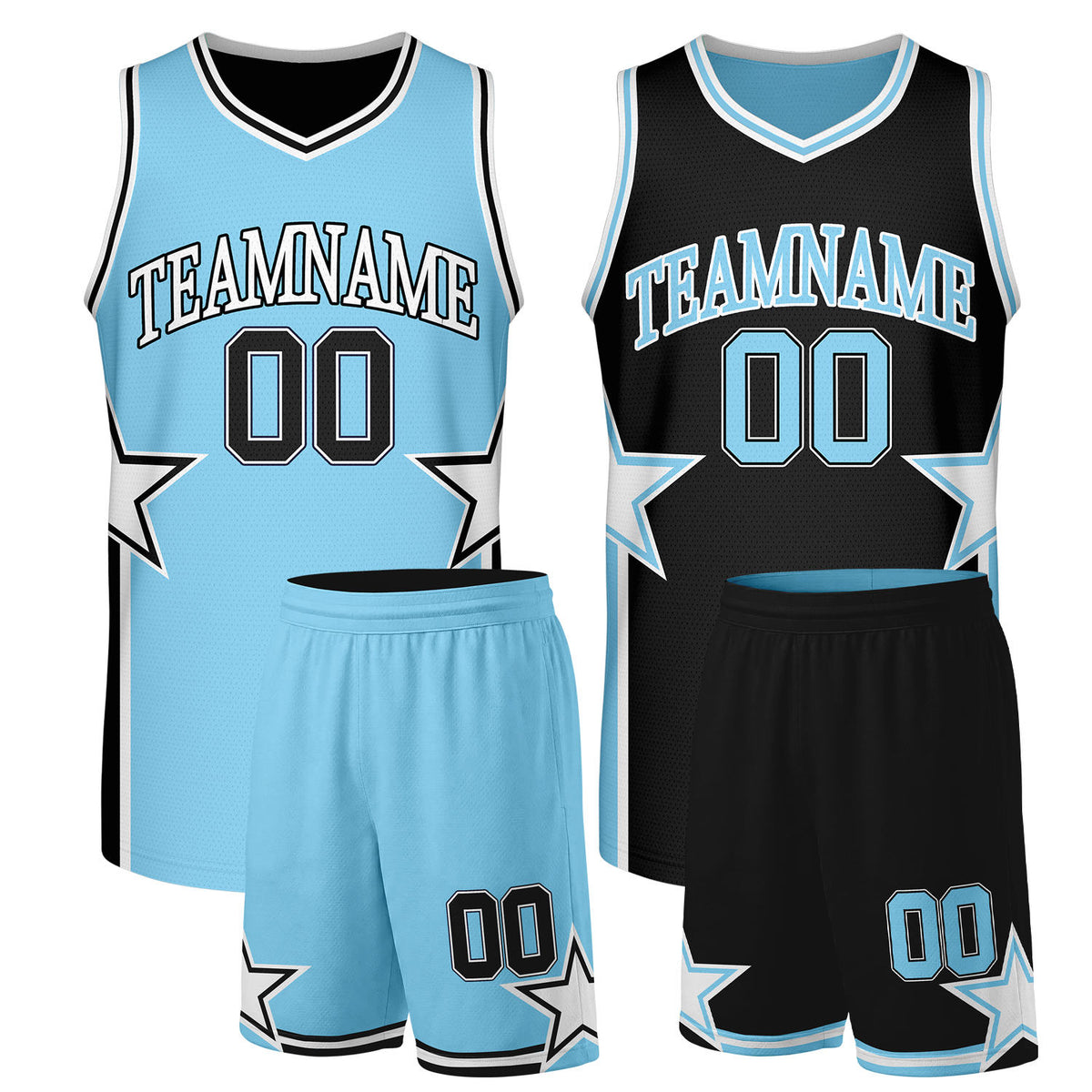 Custom bulk basketball uniforms light blue black reversible by Vosoli. Personalized team name, player number &amp; logo. Breathable mesh. Fast delivery.