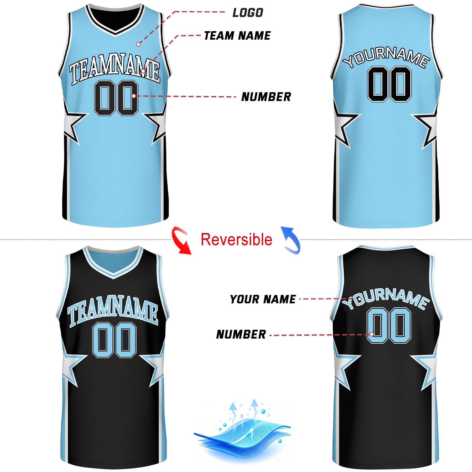 Custom Light Blue & Black Star Reversible Basketball Uniform Set | Breathable Mesh Jersey & Shorts
