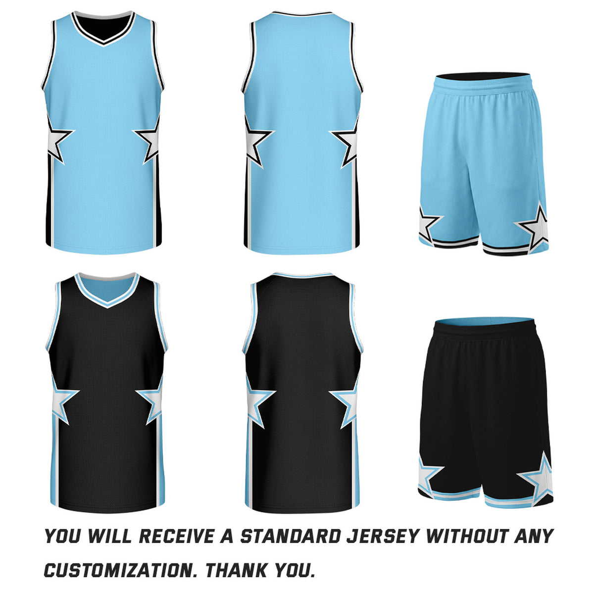 Custom Light Blue & Black Star Reversible Basketball Uniform Set | Breathable Mesh Jersey & Shorts