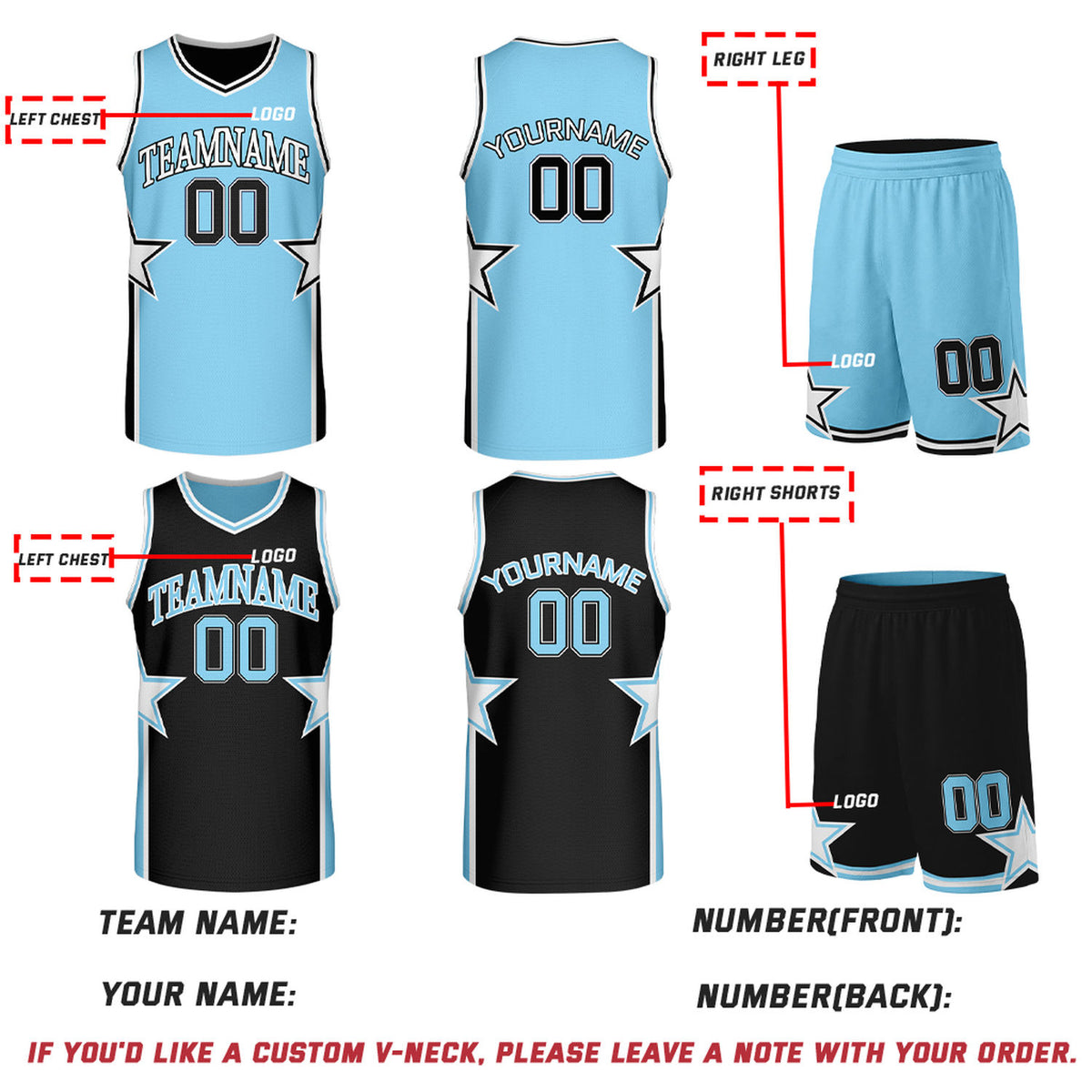 Custom Light Blue & Black Star Reversible Basketball Uniform Set | Breathable Mesh Jersey & Shorts