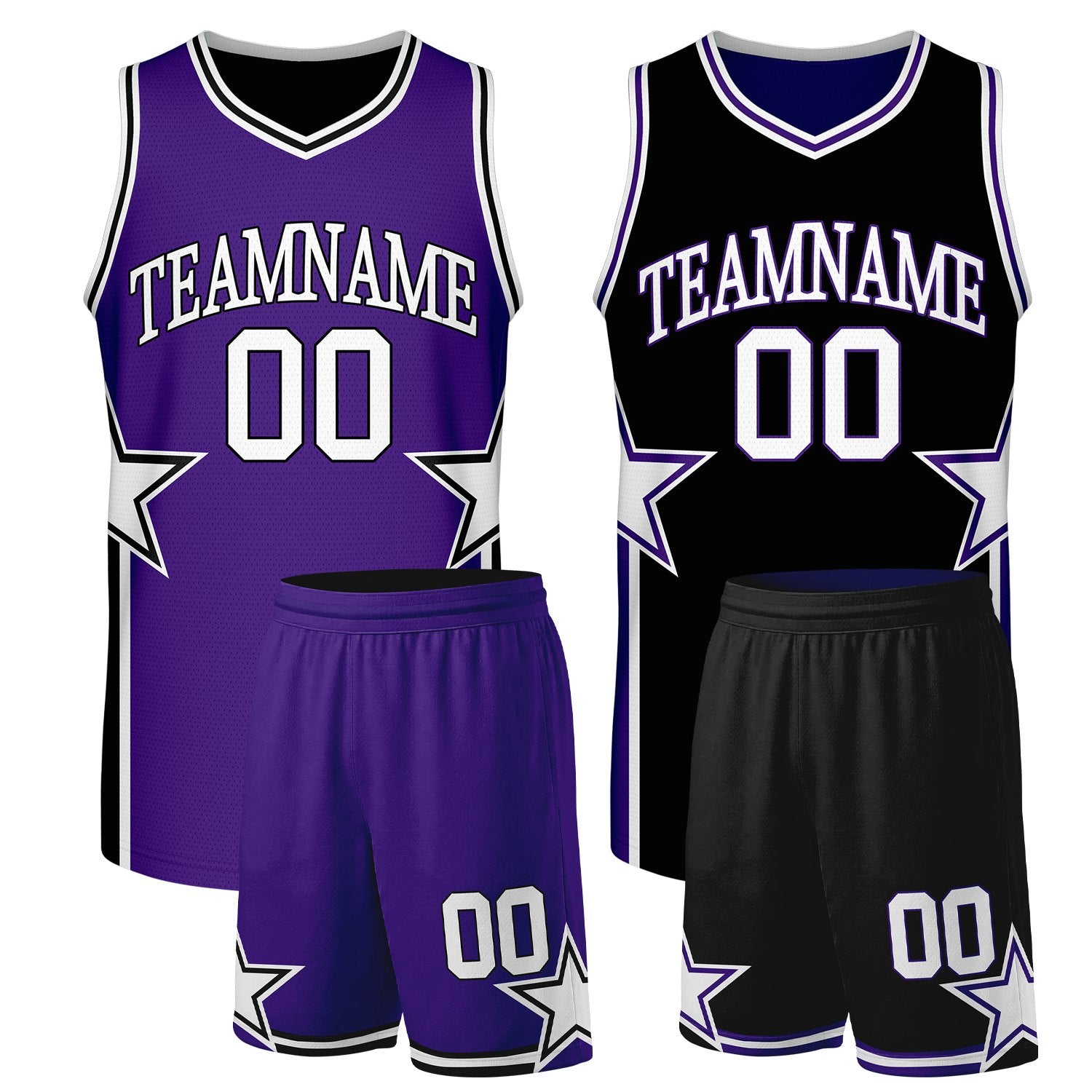 Custom bulk basketball uniforms purple black reversible by Vosoli. Personalized team name, player number & logo. Breathable mesh. Fast delivery.