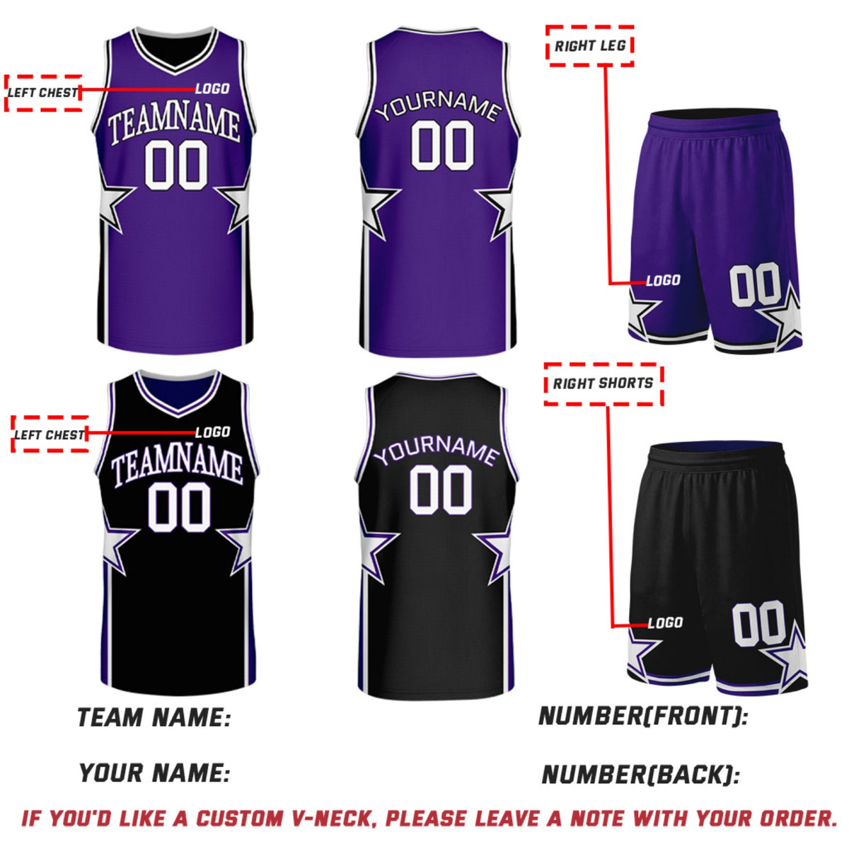 Custom Purple & Black Star Reversible Basketball Uniform Set | Breathable Mesh Jersey & Shorts