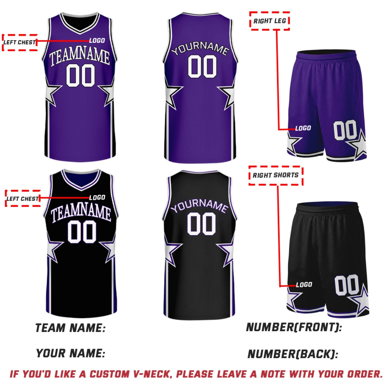 Custom Purple & Black Star Reversible Basketball Uniform Set | Breathable Mesh Jersey & Shorts