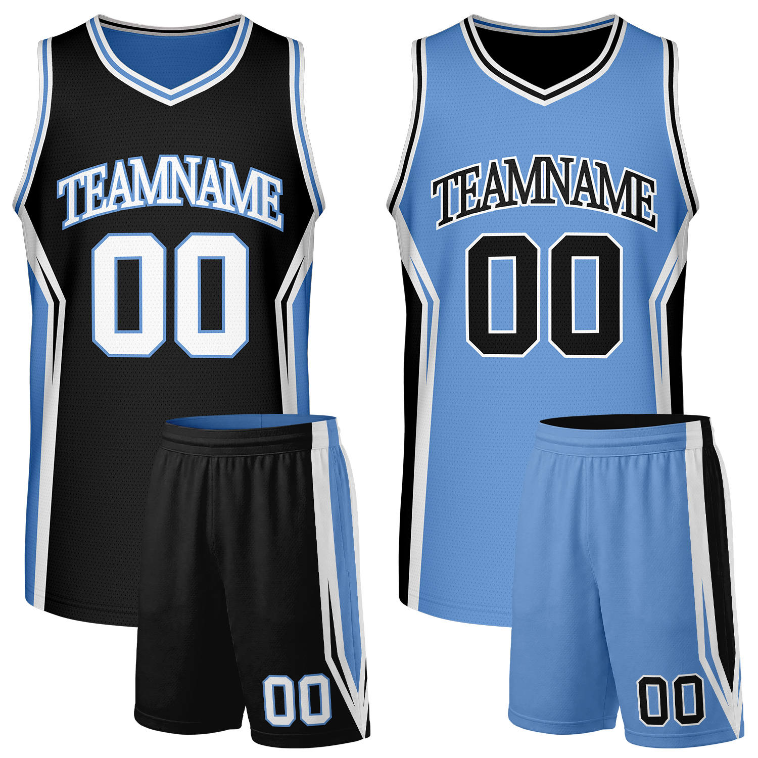 Custom black and carolina blue bulk basketball uniforms, reversible jersey and shorts set with personalized name & number, breathable mesh for adult & youth.