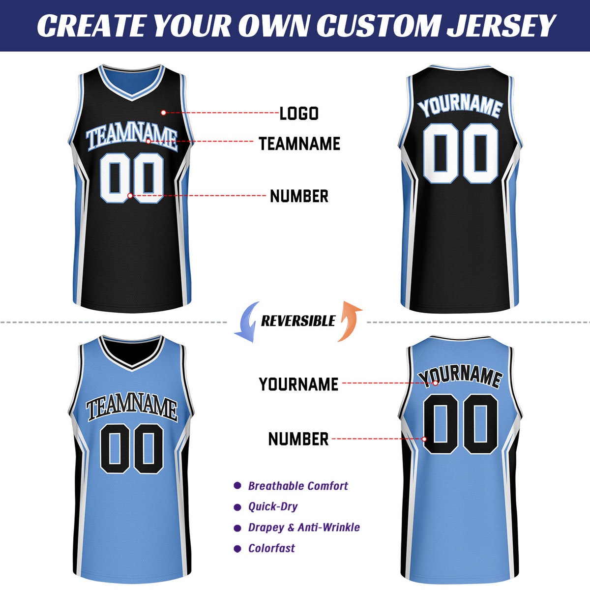 Custom Black & Carolina Blue Two Sided Basketball Uniform Set | Personalized Team Uniforms for Adult & Youth