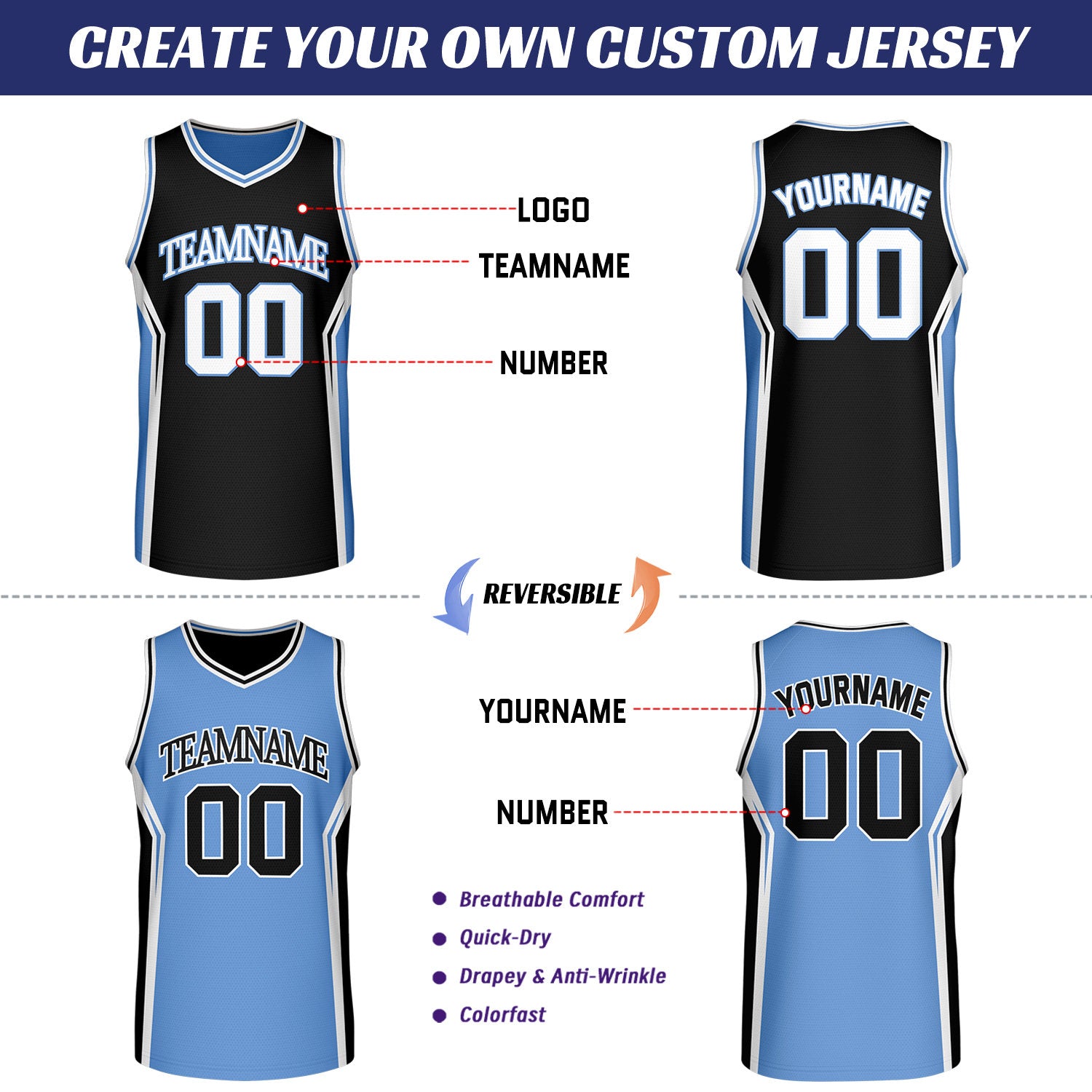 Custom Black & Carolina Blue Two Sided Basketball Uniform Set | Personalized Team Uniforms for Adult & Youth