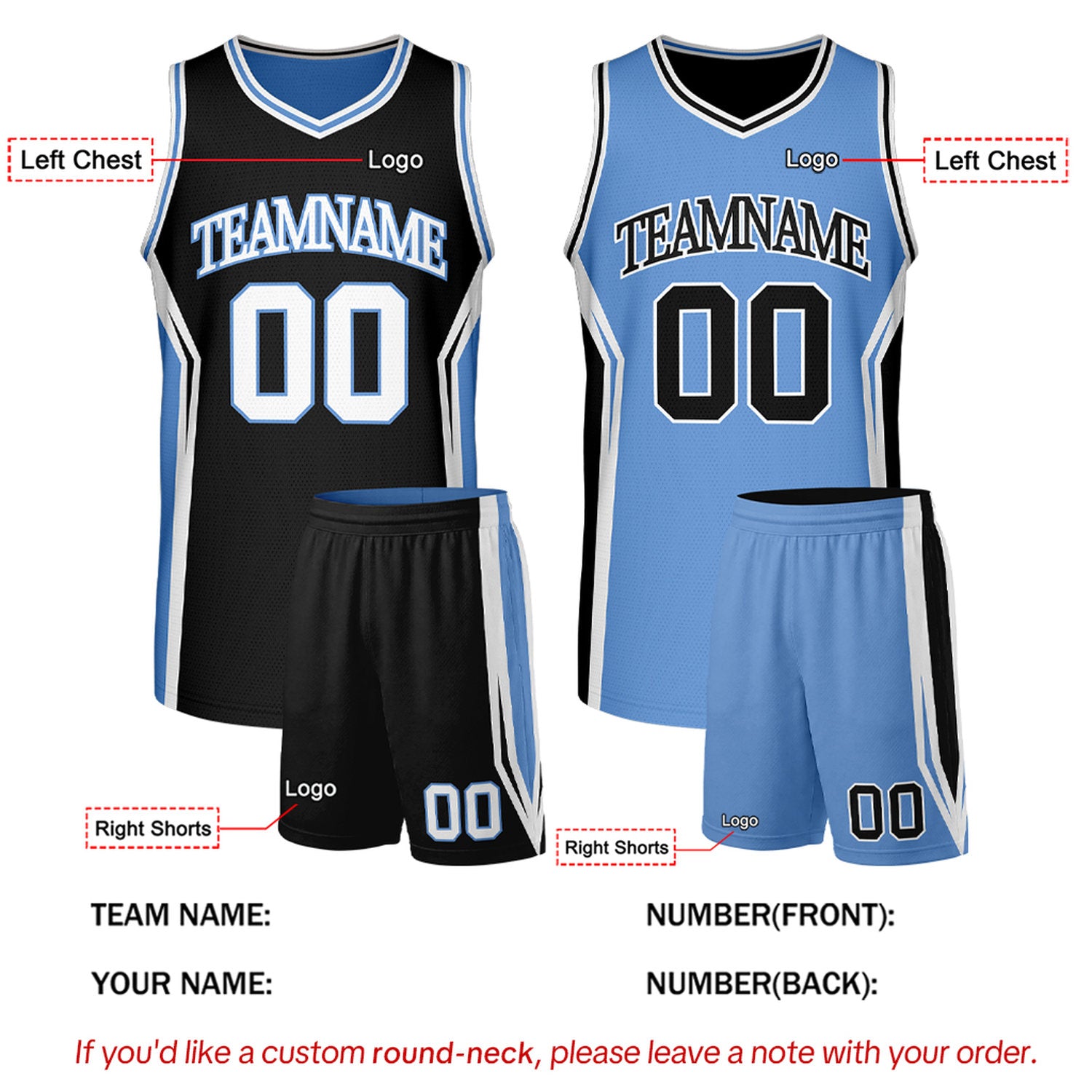 Custom Black & Carolina Blue Two Sided Basketball Uniform Set | Personalized Team Uniforms for Adult & Youth