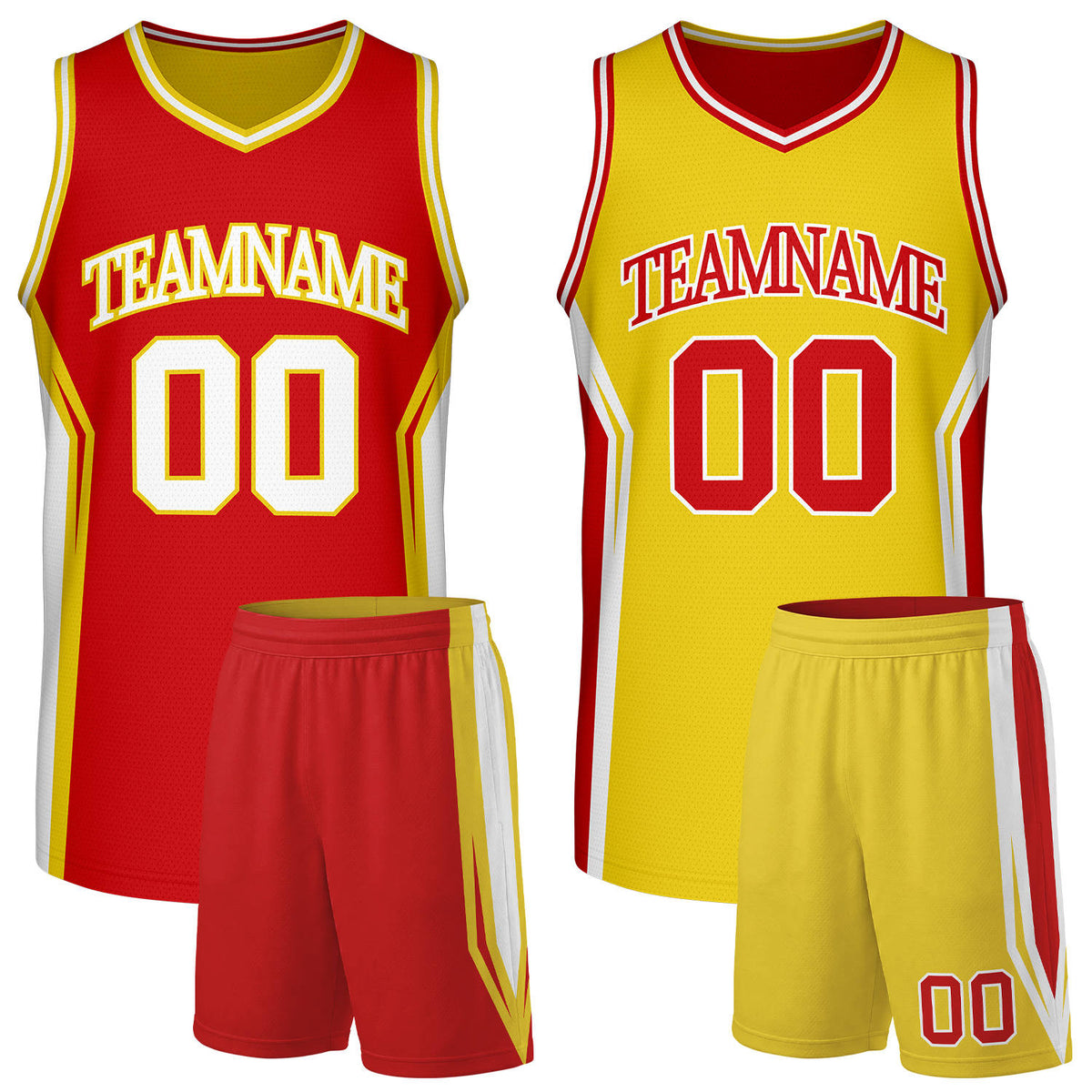 Custom red and gold bulk basketball uniforms, reversible jersey and shorts set with personalized name & number, breathable mesh for adult & youth.
