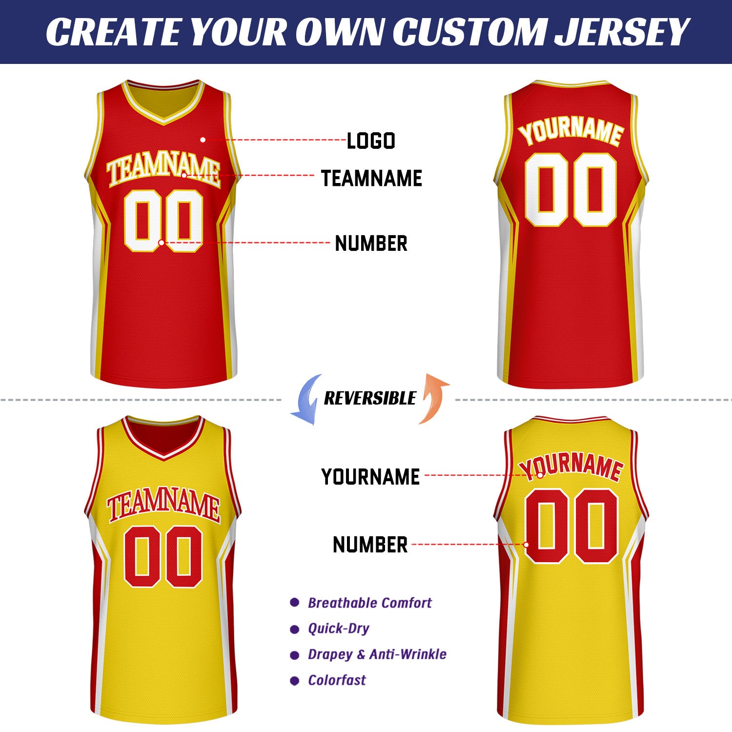 Custom Red & Gold Two Sided Basketball Uniform Set | Personalized Team Uniforms for Adult & Youth