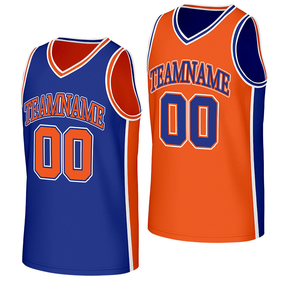 custom bulk basketball jerseys blue orange reversible by Vosoli, Personalized team name, number &amp; logo. Fast delivery.