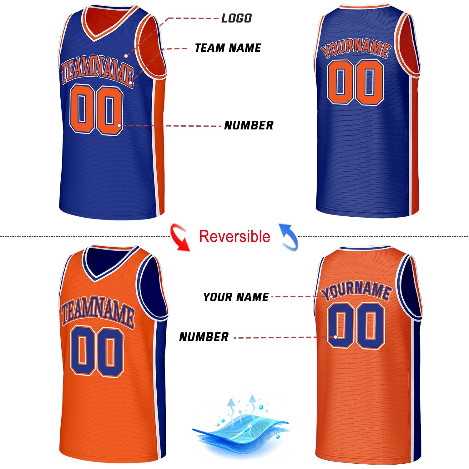 Custom Blue & Orange Reversible Basketball Jersey | Personalized Team Jerseys with Name Number Logo