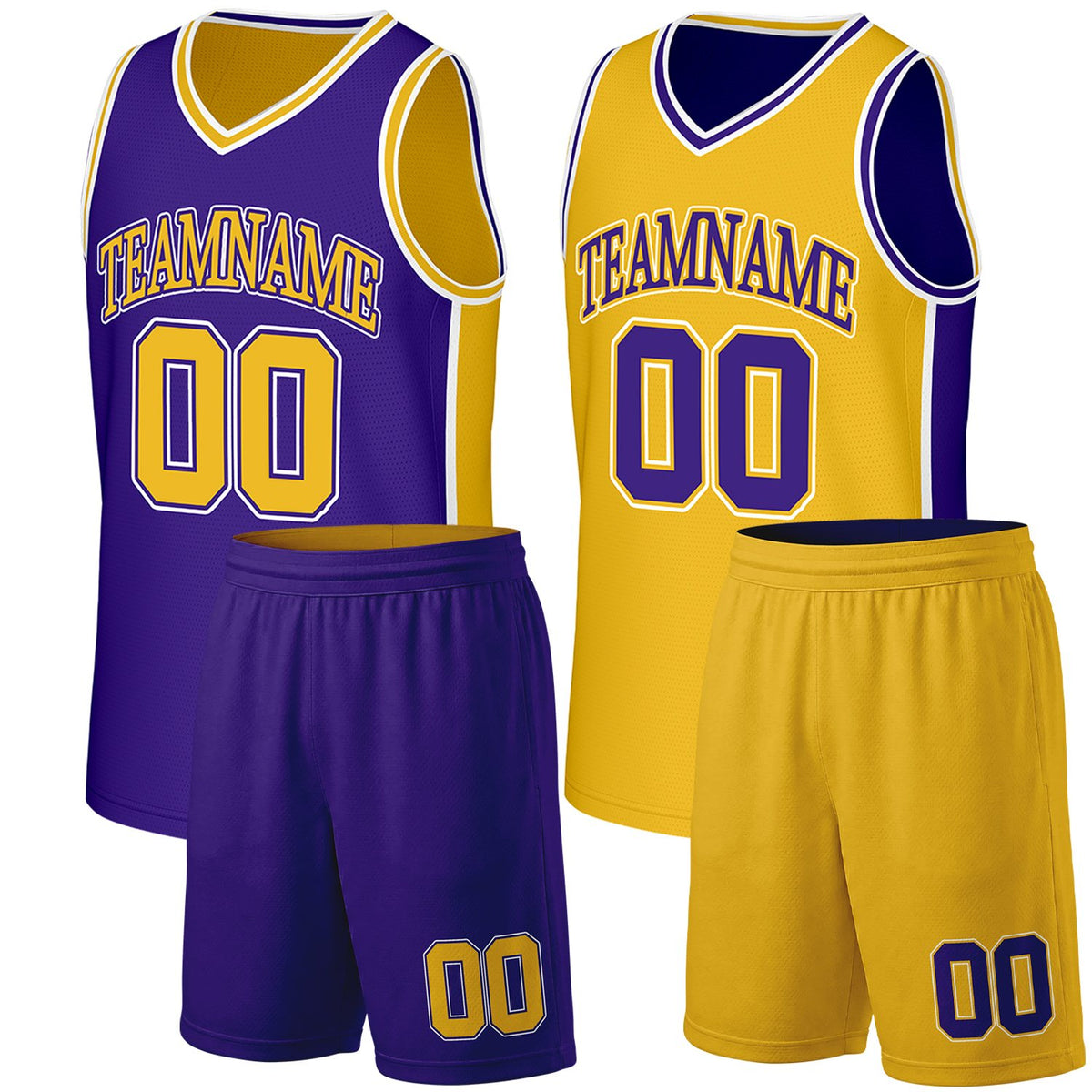 Custom bulk basketball uniforms purple gold reversible by Vosoli. Personalized team name, number & logo. Breathable mesh. Fast delivery.
