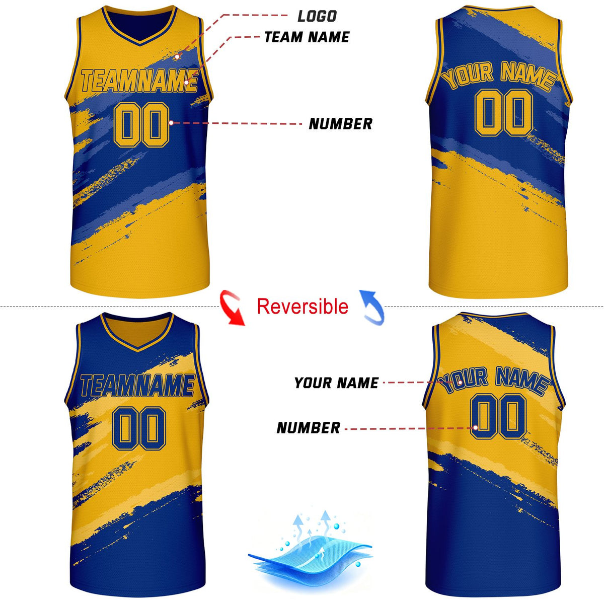 Custom Gold & Blue Brush Stroke Reversible Basketball Jersey | Adult Youth Jerseys for Large Group Team Orders