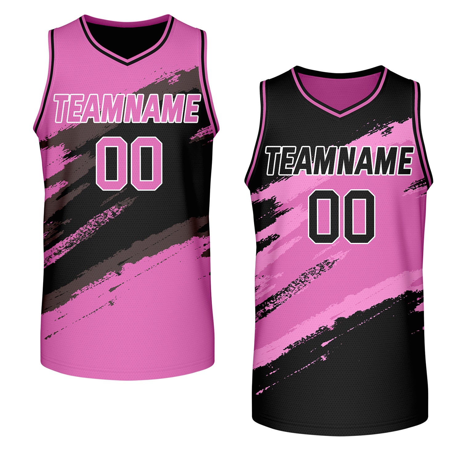 bulk team basketball jerseys pink black reversible by Vosoli, personalized team name, number & logo, breathable mesh dual sided basketball jersey for bulk team orders