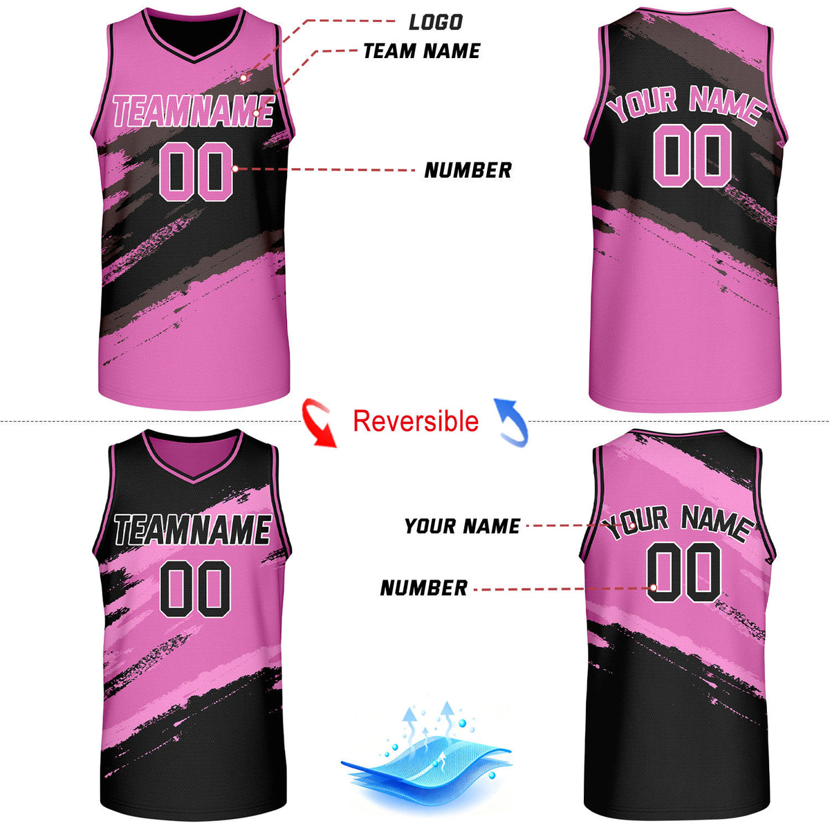 Custom Pink & Black Brush Stroke Reversible Basketball Jersey | Adult Youth Jerseys for Large Group Team Orders