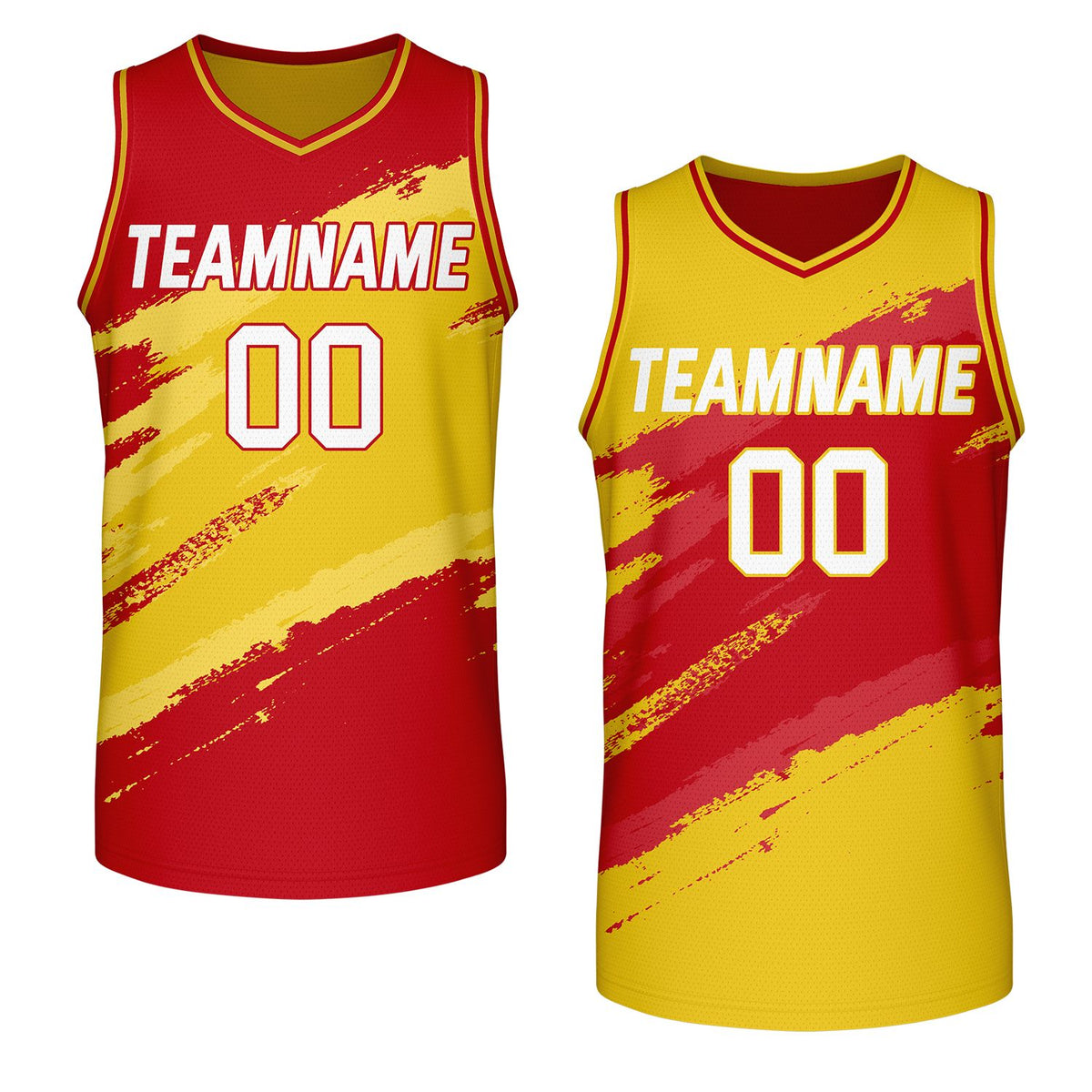 bulk team basketball jerseys red yellow reversible by Vosoli, personalized team name, number &amp; logo, breathable mesh dual sided basketball jersey for bulk team orders