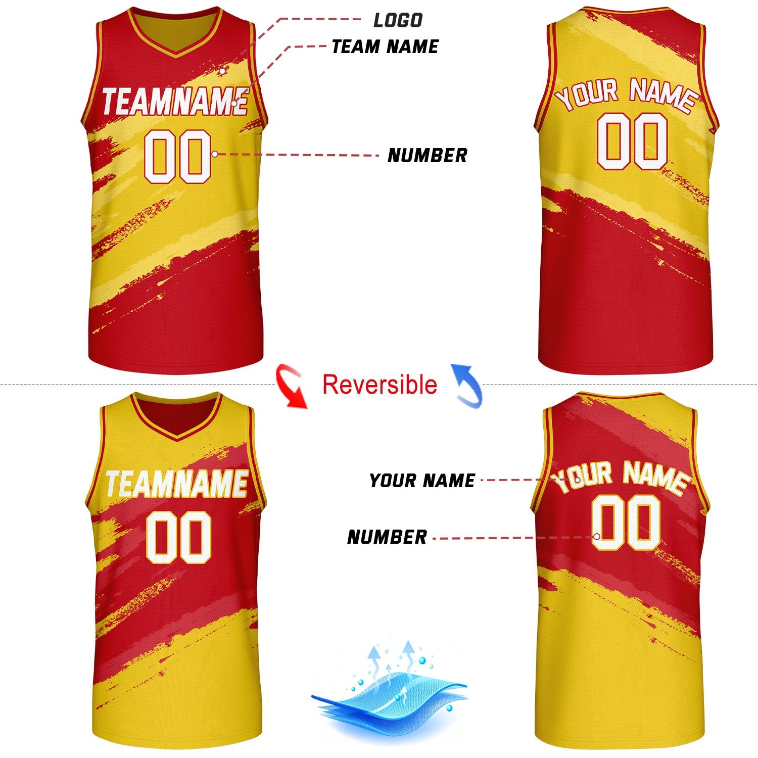 Custom Red & Yellow Brush Stroke Reversible Basketball Jersey | Adult Youth Jerseys for Large Group Team Orders