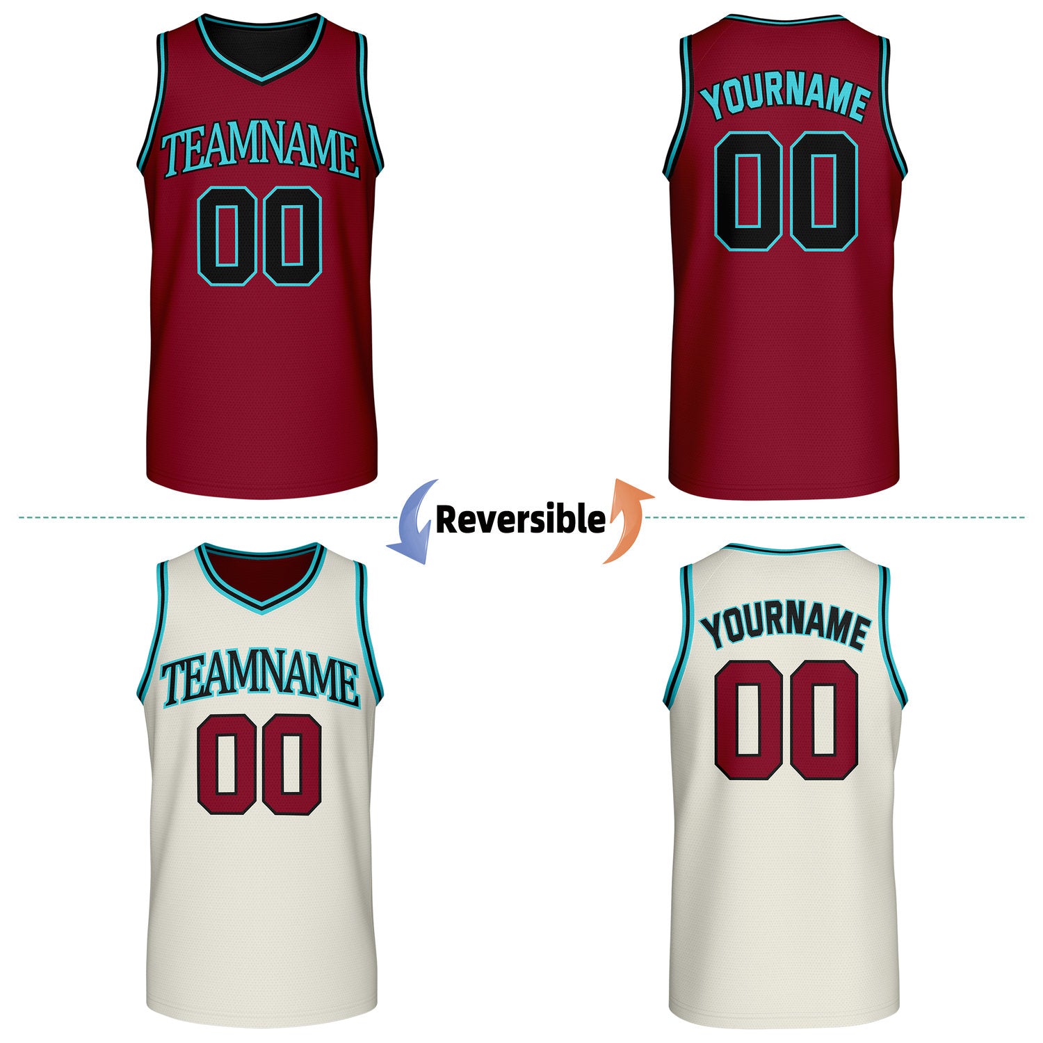 Custom reversible retro burgundy & cream basketball jersey, personalized team name & number, 2-in-1 sleeveless uniform for men women youth adult game practice - Vosoli