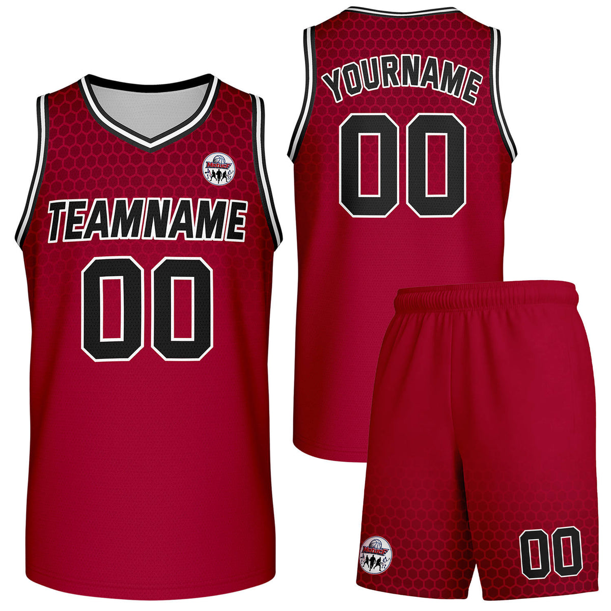 Custom burgundy honeycomb-pattern basketball uniform set, personalized team name number logo breathable mesh jersey and shorts men women youth game practice - Vosoli