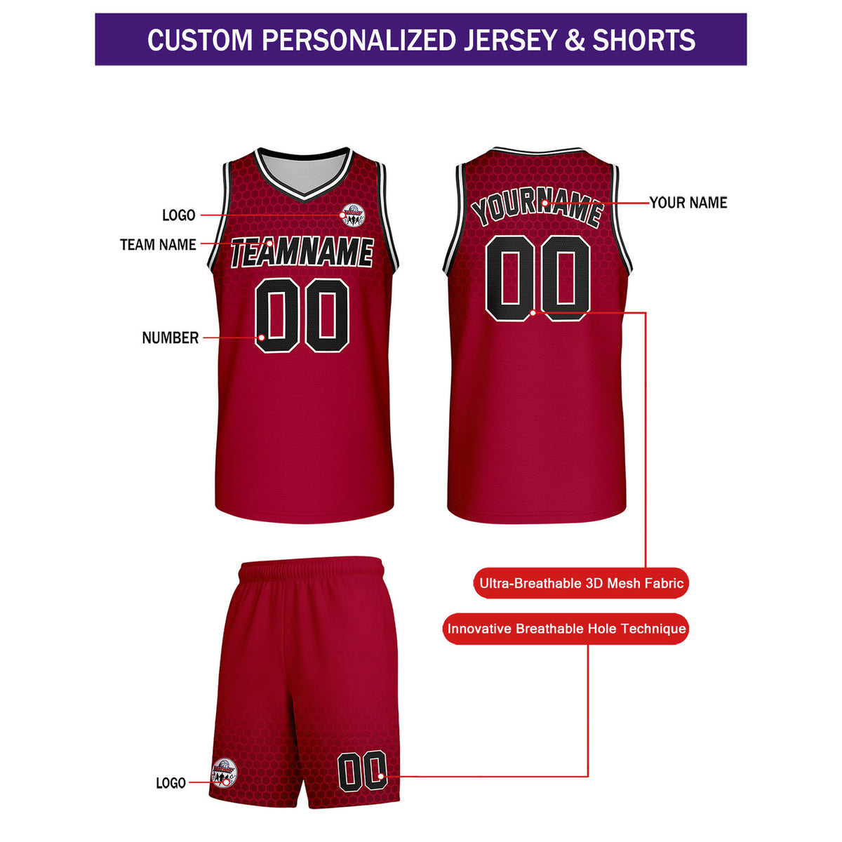 Custom Burgundy Honeycomb Basketball Uniform Set | Personalized Team Name & Number - Vosoli