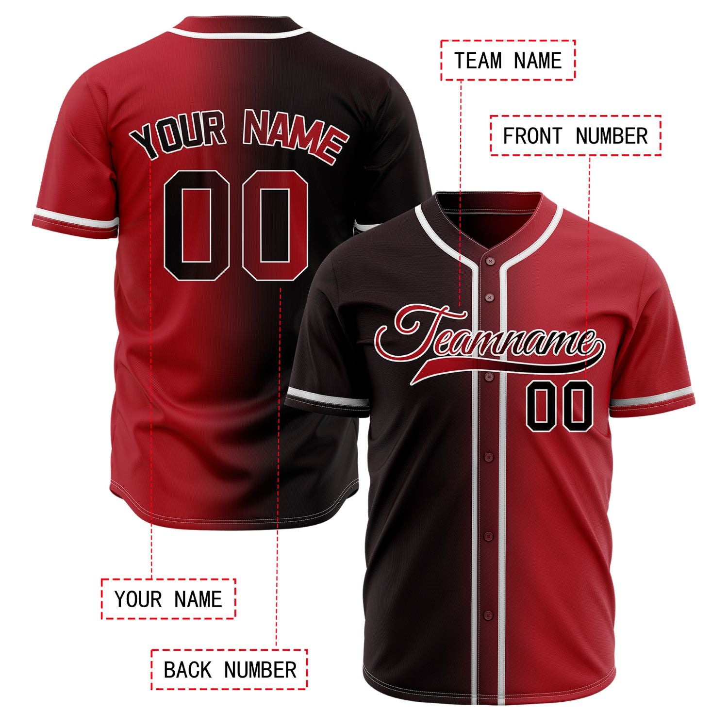Custom Coffee Red Gradient Baseball Jersey | Personalized Maroon Fade Team Uniform