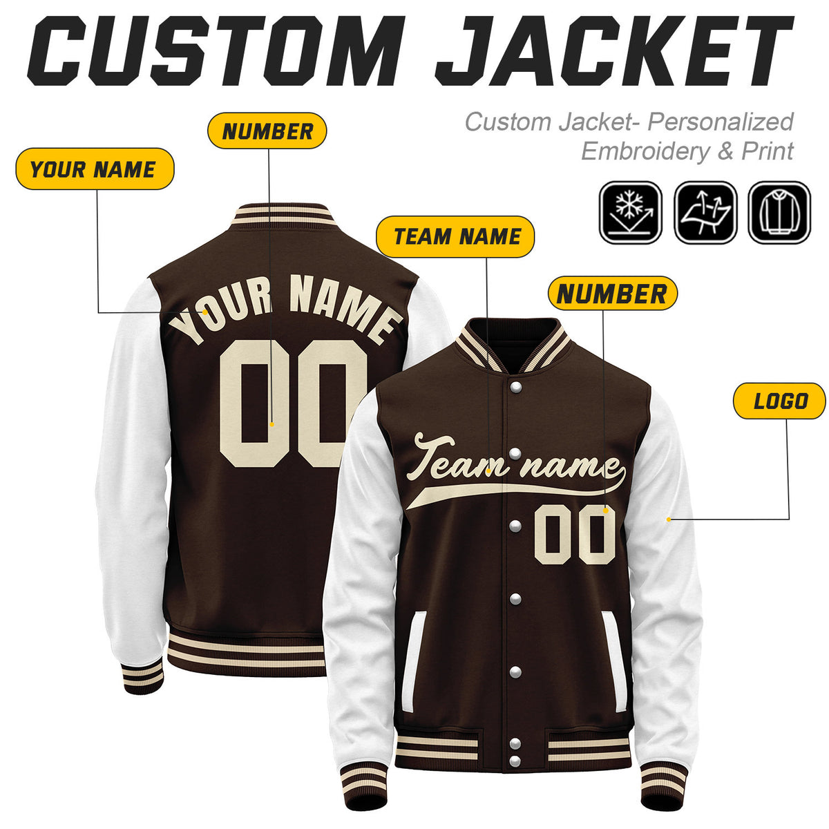 Custom Brown & White Baseball Bomber Jacket | Retro Collegiate Varsity & Letterman