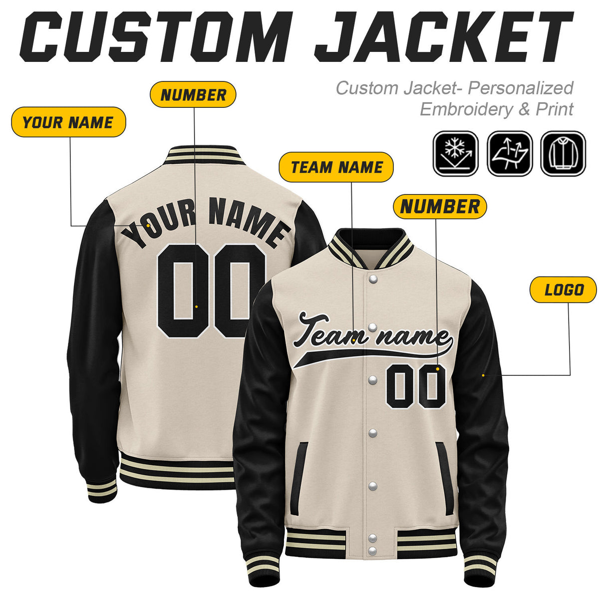 Custom Cream & Black Baseball Bomber Jacket | Retro Collegiate Varsity & Letterman
