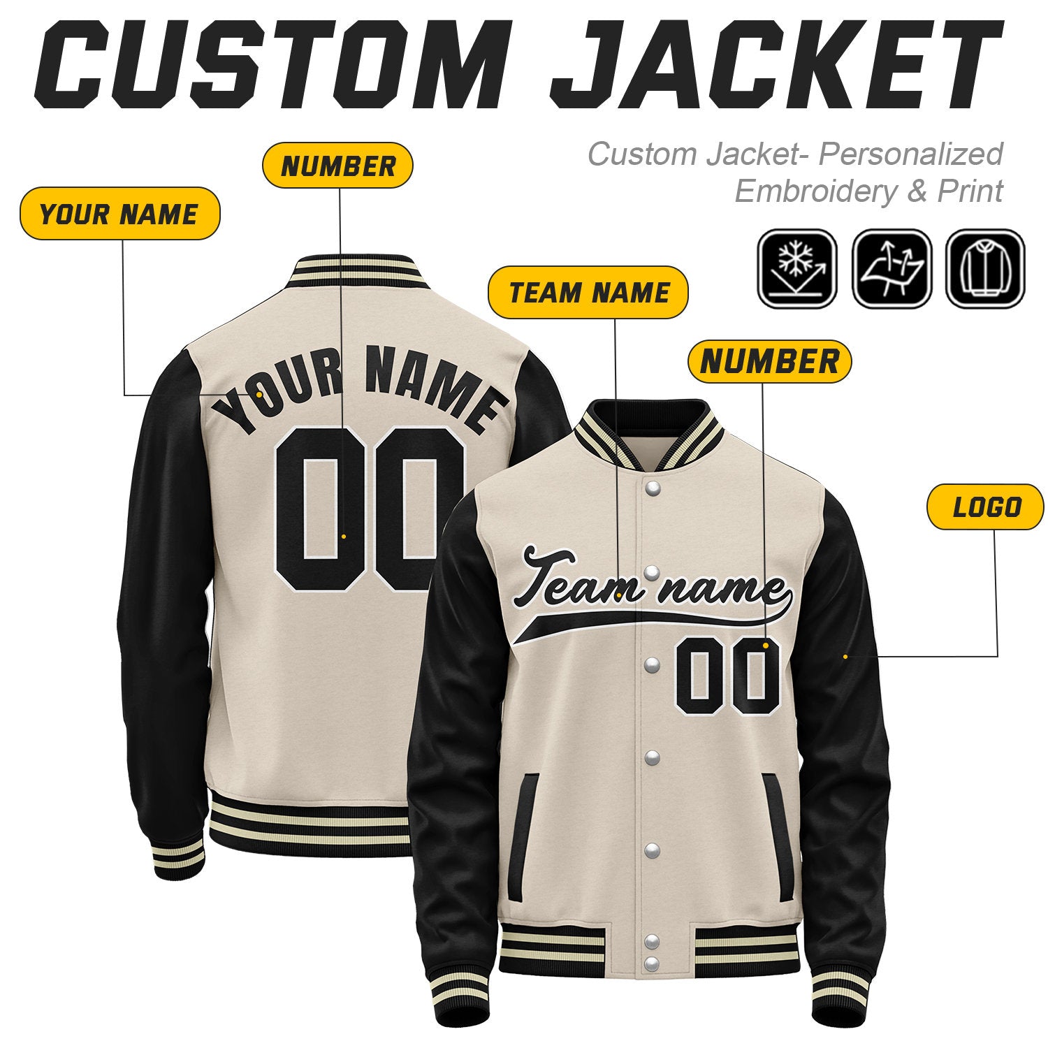 Custom Cream & Black Baseball Bomber Jacket | Retro Collegiate Varsity & Letterman