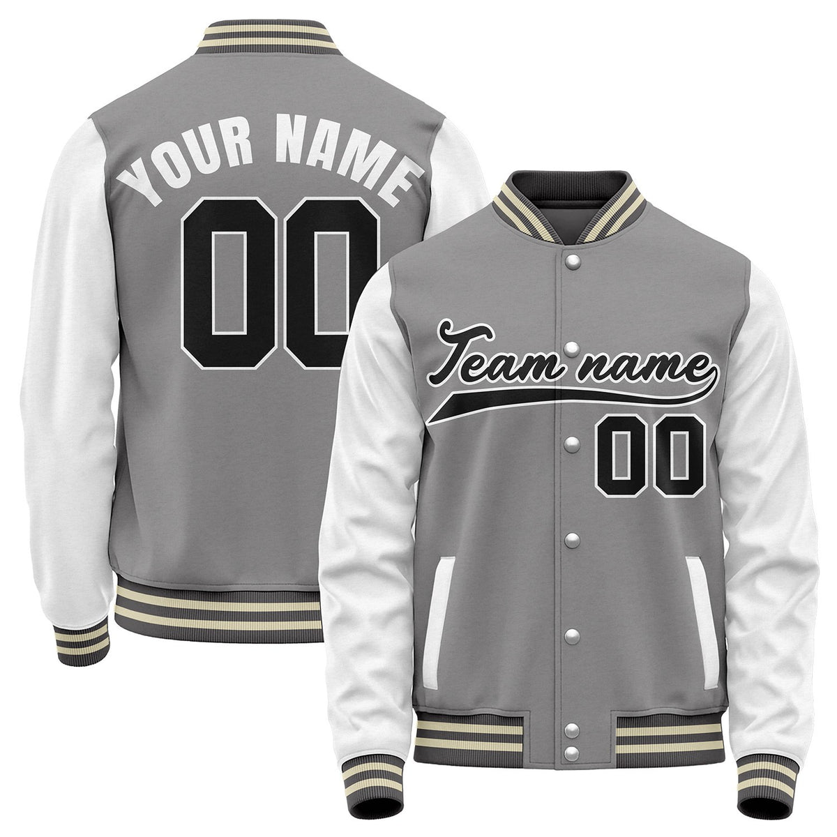 Custom college baseball jackets, grey and white retro collegiate varsity letterman bomber jacket, personalized team name, number and logo.