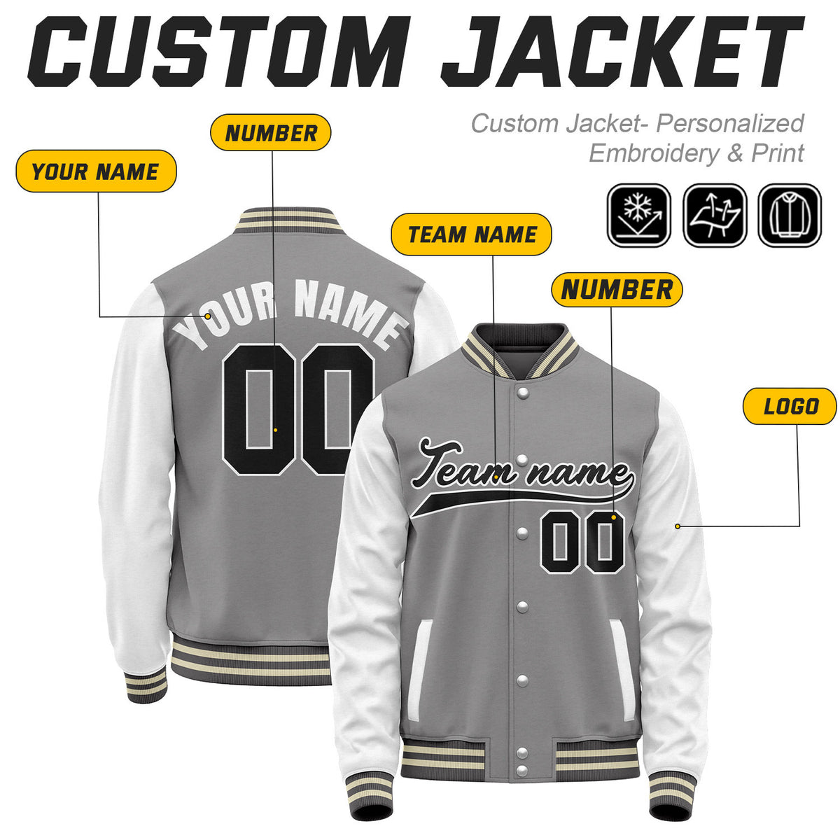 Custom Grey & White Baseball Bomber Jacket | Retro Collegiate Varsity & Letterman