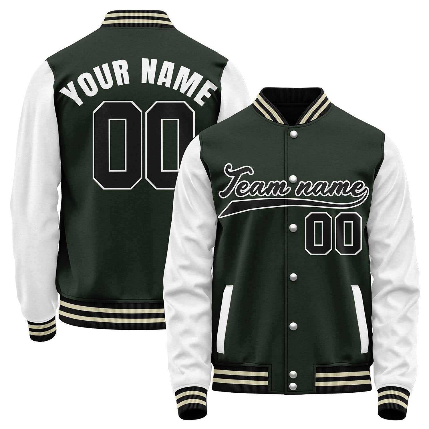 Custom college baseball team jackets, dark green and white retro collegiate varsity letterman bomber jacket, personalized team name, number and logo.