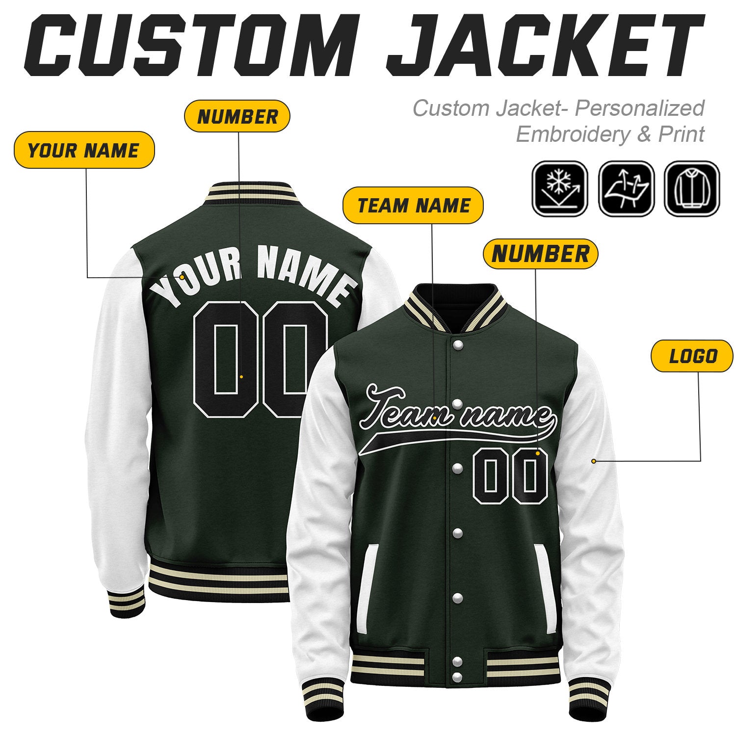 - Custom Dark Green & White Baseball Bomber Jacket | Retro Collegiate Varsity & Letterman