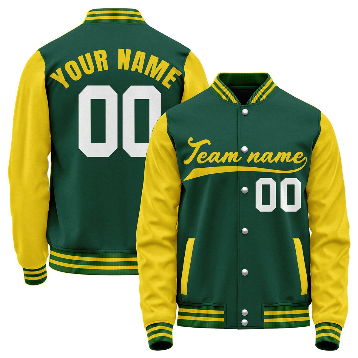 Custom college baseball team jackets, green and yellow retro collegiate varsity letterman bomber jacket, personalized team name, number and logo.