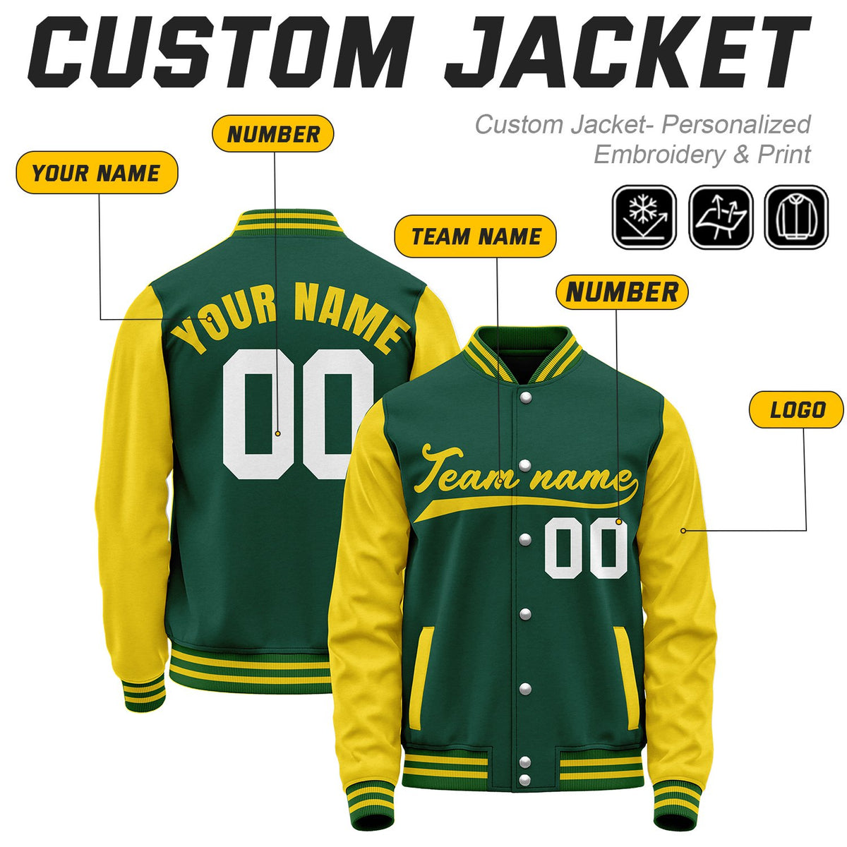 - Custom Green & Yellow Baseball Bomber Jacket | Retro Collegiate Varsity & Letterman