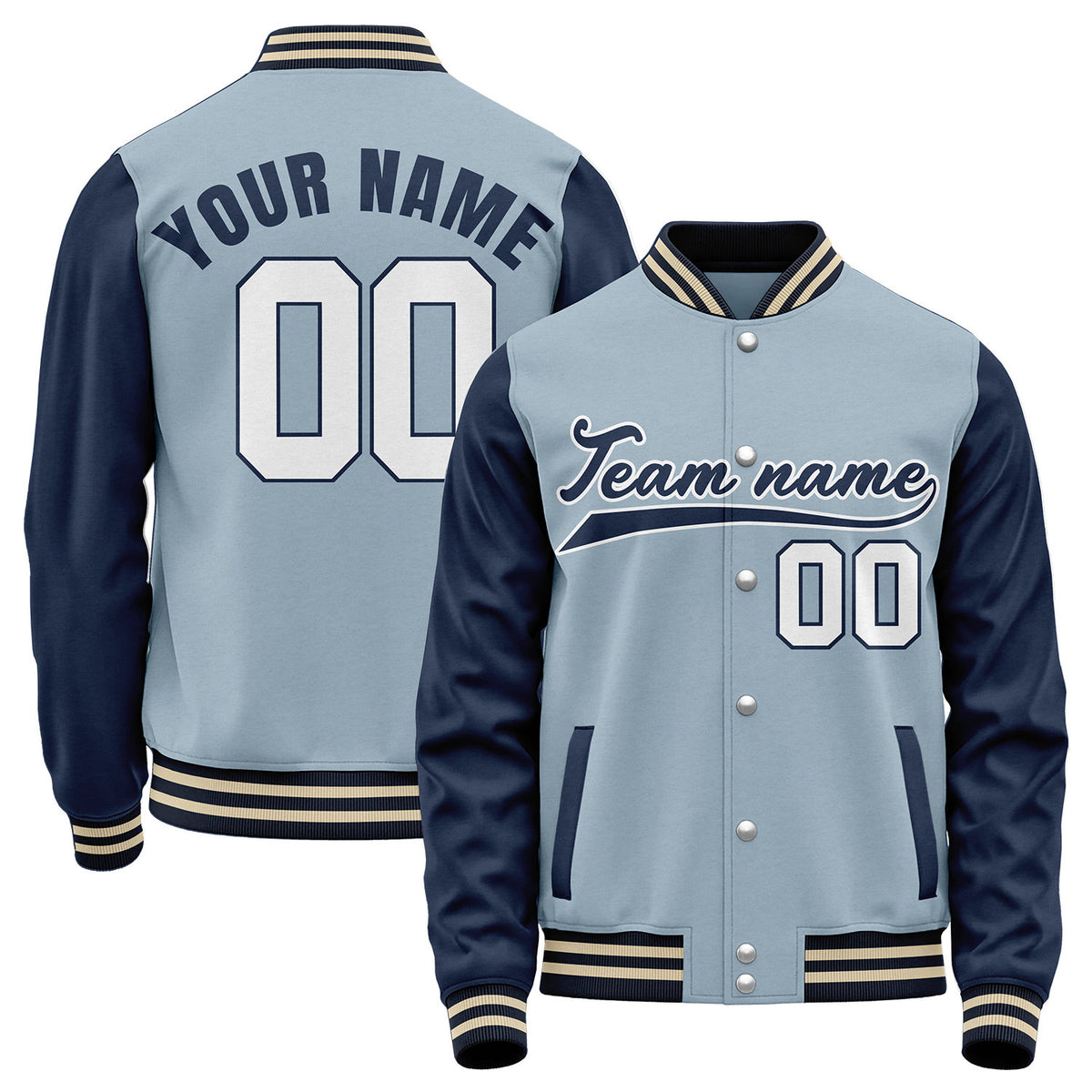 Custom college baseball team jackets, light blue and navy retro collegiate varsity letterman bomber jacket, personalized team name, number and logo.